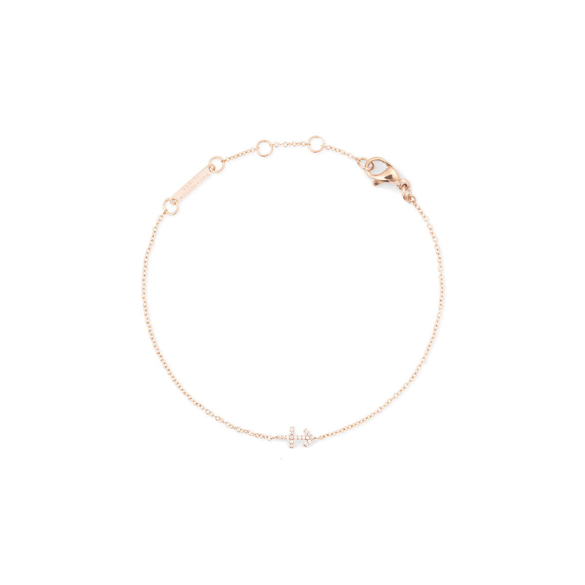 てんびん座のクリスタルモチーフをあしらったCrystal Zodiac Chain Bracelet Rose Goldの全体画像です。白い背景にローズゴールドのチェーンを丸く広げ、下部中央には小さな天秤のシンボルが繊細に輝いています。