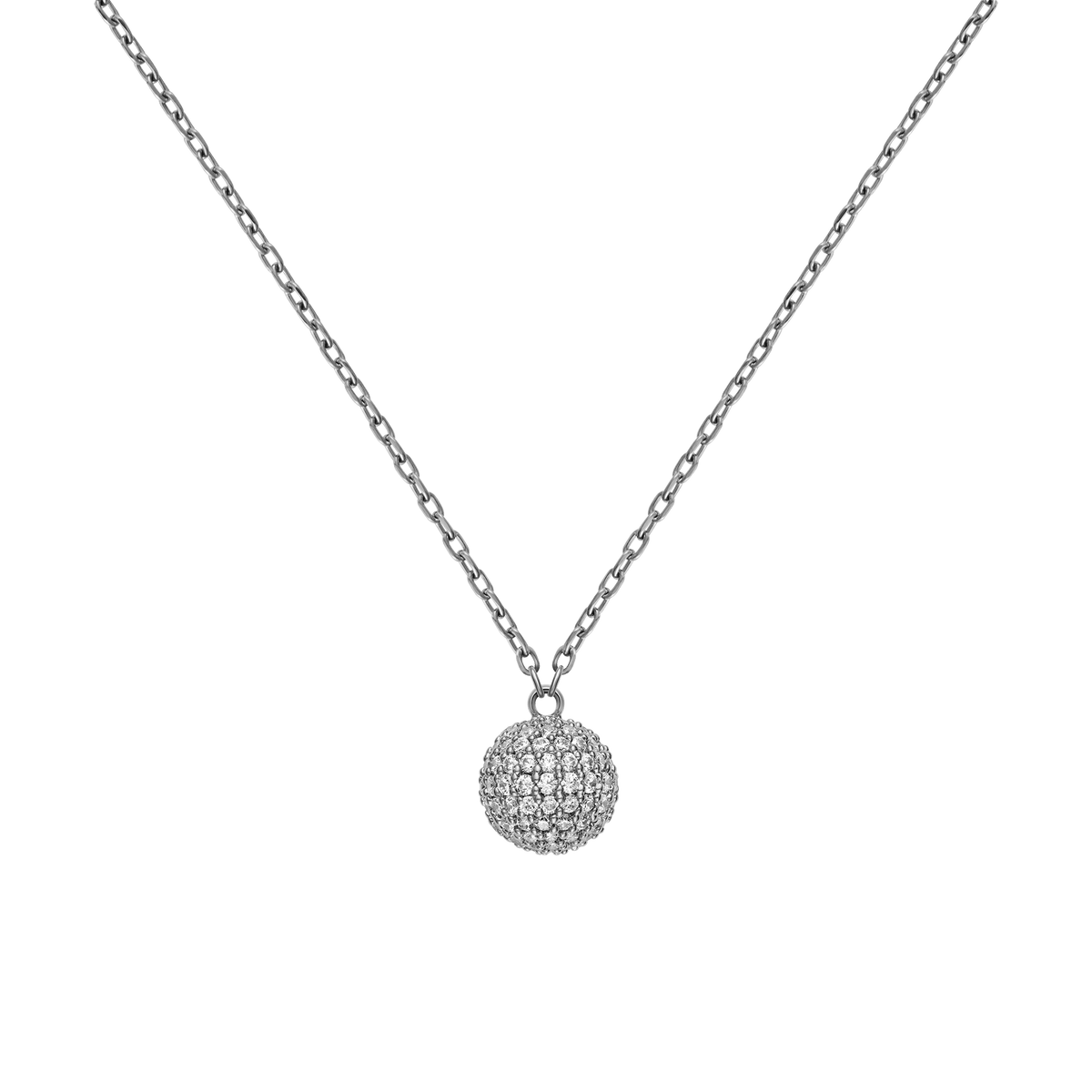 ダニエルウェリントンのPavé Crystal Pendant Necklace Silverの全体像です。CZクリスタルをあしらった球体のペンダントが、細身のシルバーチェーンに吊り下げられ、白い背景に輝きを放っています。
