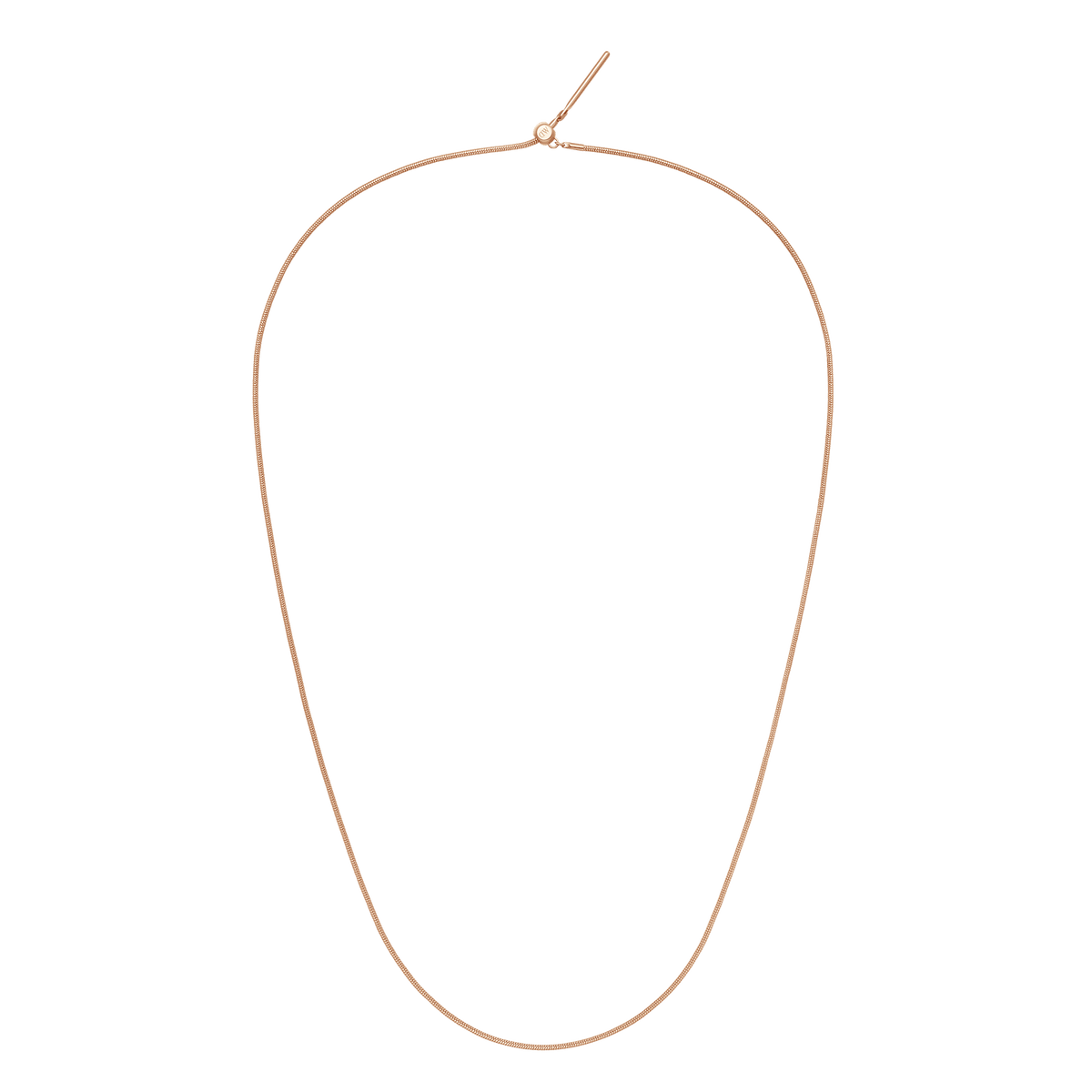 ダニエルウェリントンのCharms Snake Necklace ローズゴールド全体像。細身のスネークチェーンがループ状に広がり、スライド式の留め具とトグルクラスプが確認できます。