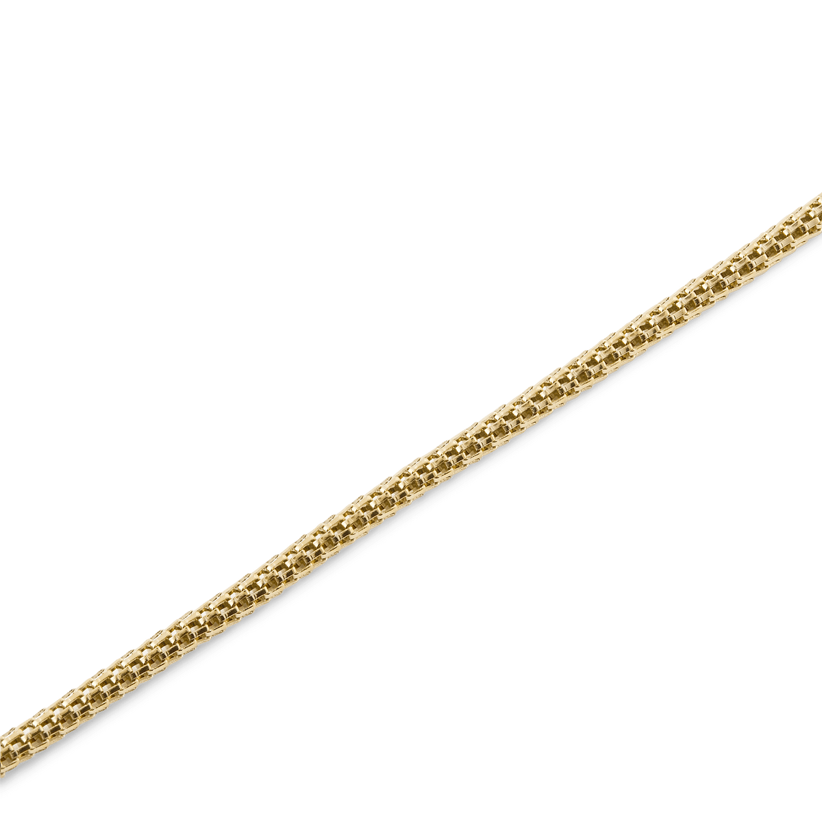 Tide Mesh Bracelet Evergold 1.8のチェーン部分を拡大した画像です。幅1.8mmの筒状ゴールドメッシュが光を受けて繊細に輝き、一目一目の精巧な編み込みが確認できます。