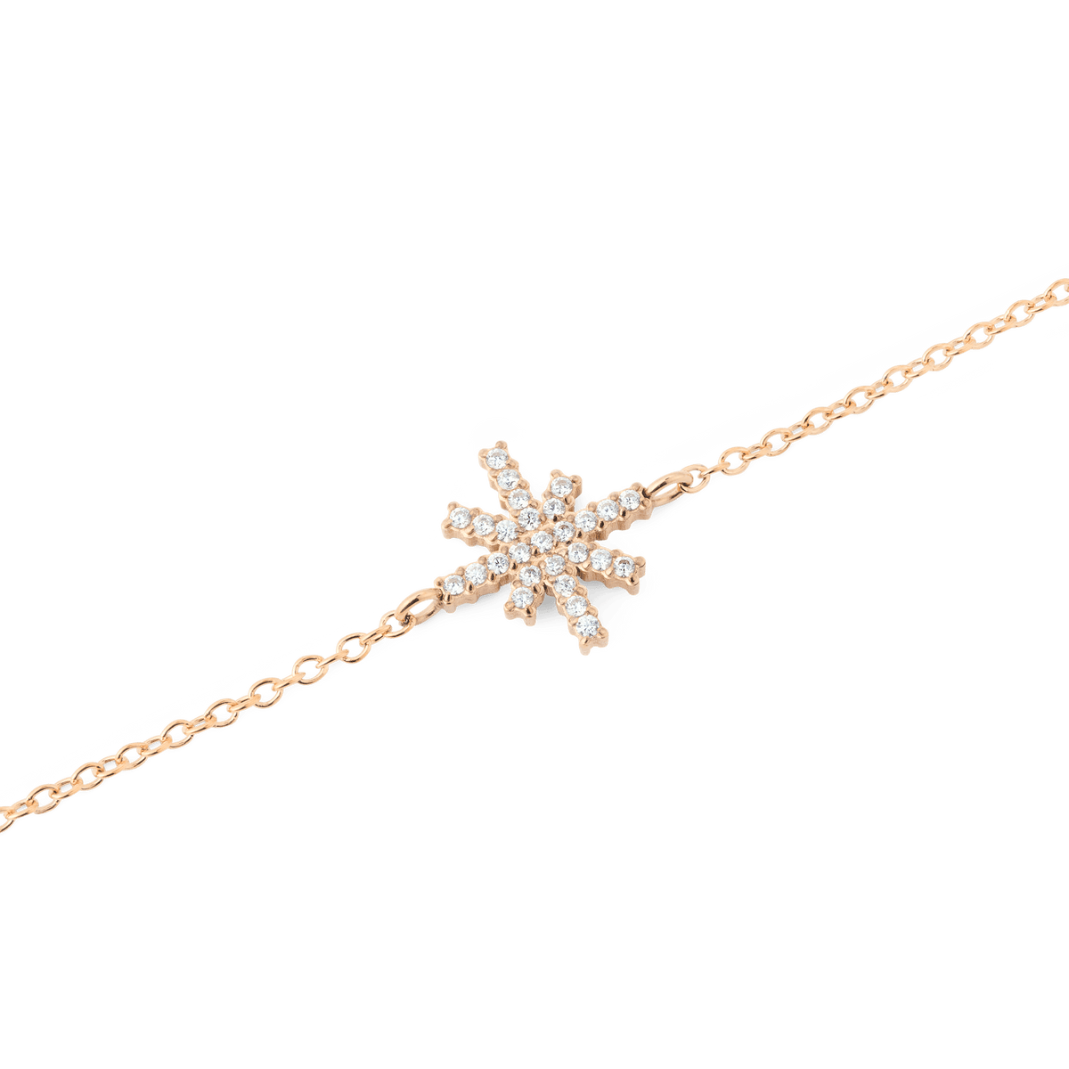 Mirelle Star Bracelet Rose Goldのスターモチーフ部分をクローズアップした画像です。八方に伸びる光芒に沿ってホワイトキュービックジルコニアが爪留めされており、繊細なローズゴールドチェーンとの美しい調和が際立ちます。