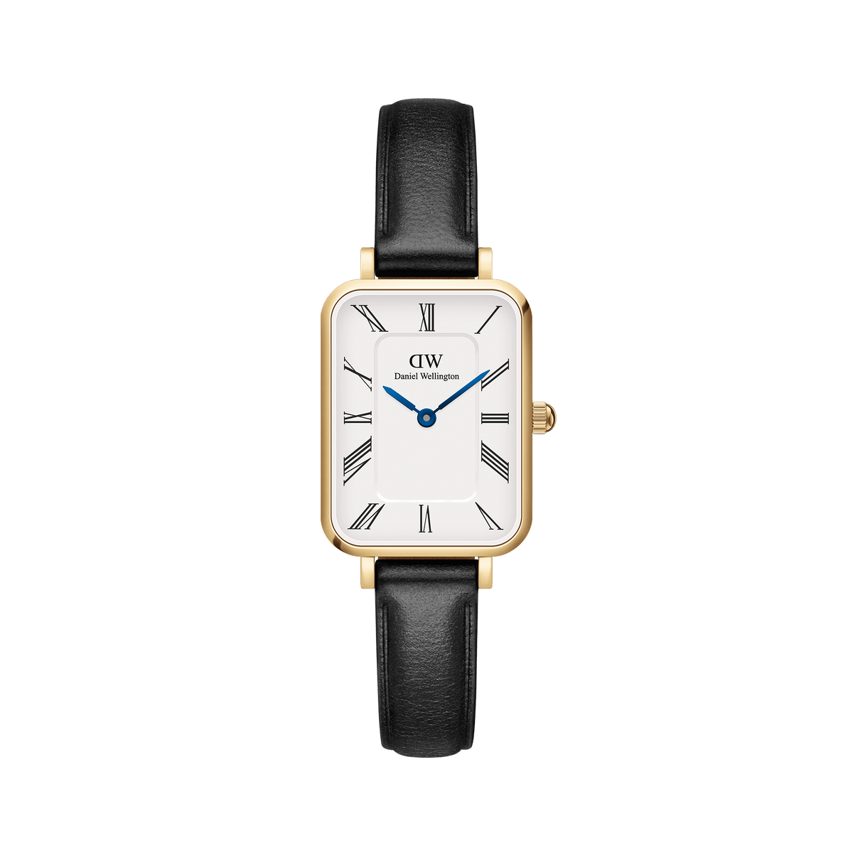 Daniel Wellington Quadro Roman Numerals Sheffieldの正面画像。ゴールドのレクタンギュラーケースにローマ数字のホワイトダイヤル、ブルースチールの針、ブラックレザーストラップを合わせた女性向け腕時計です。