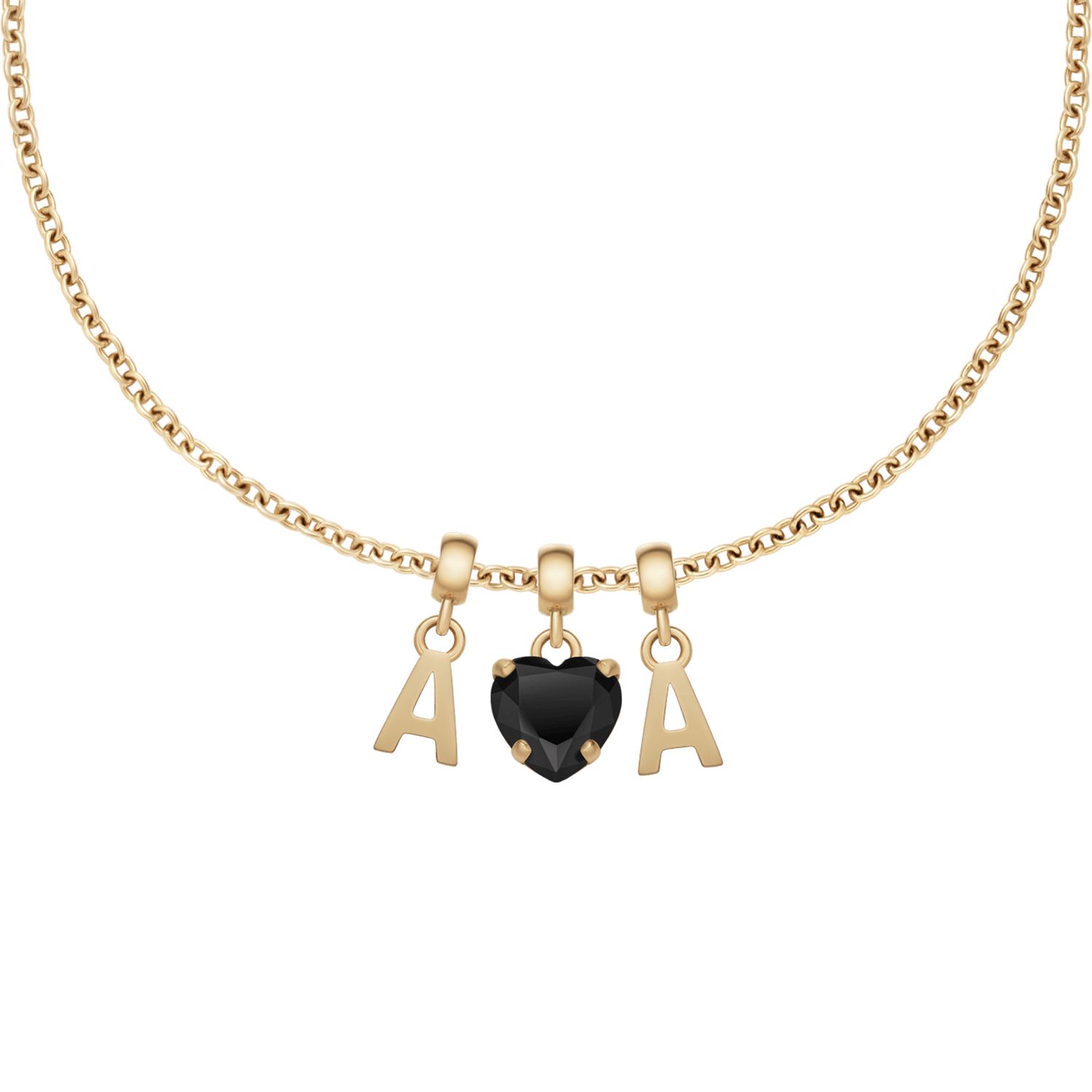 2 charm letters, 1 black heart on a chain necklace