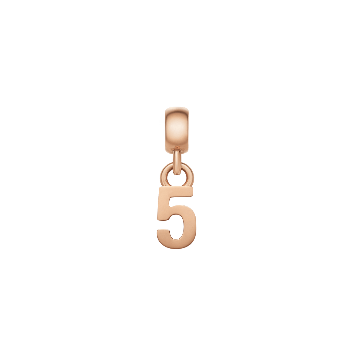 ダニエルウェリントンのNumber Charm Rose Goldは、数字の「5」をモチーフにしたコンパクトなパーソナライズチャームです。ステンレススチールにローズゴールドのポリッシュ加工を施し、丸みを帯びたベイルとリングで吊り下げるデザインとなっています。