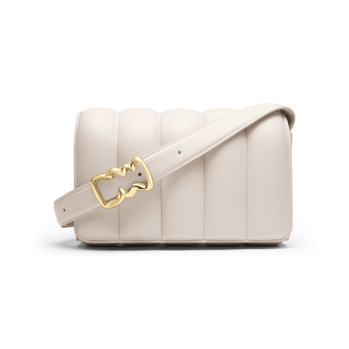 Daniel WellingtonのSadie Bag Crèmeです。クリーム色のレザーに施された縦のパフキルティングが立体感を演出し、ウェーブモチーフのゴールドバックルが上品に映えるクロスボディバッグです。