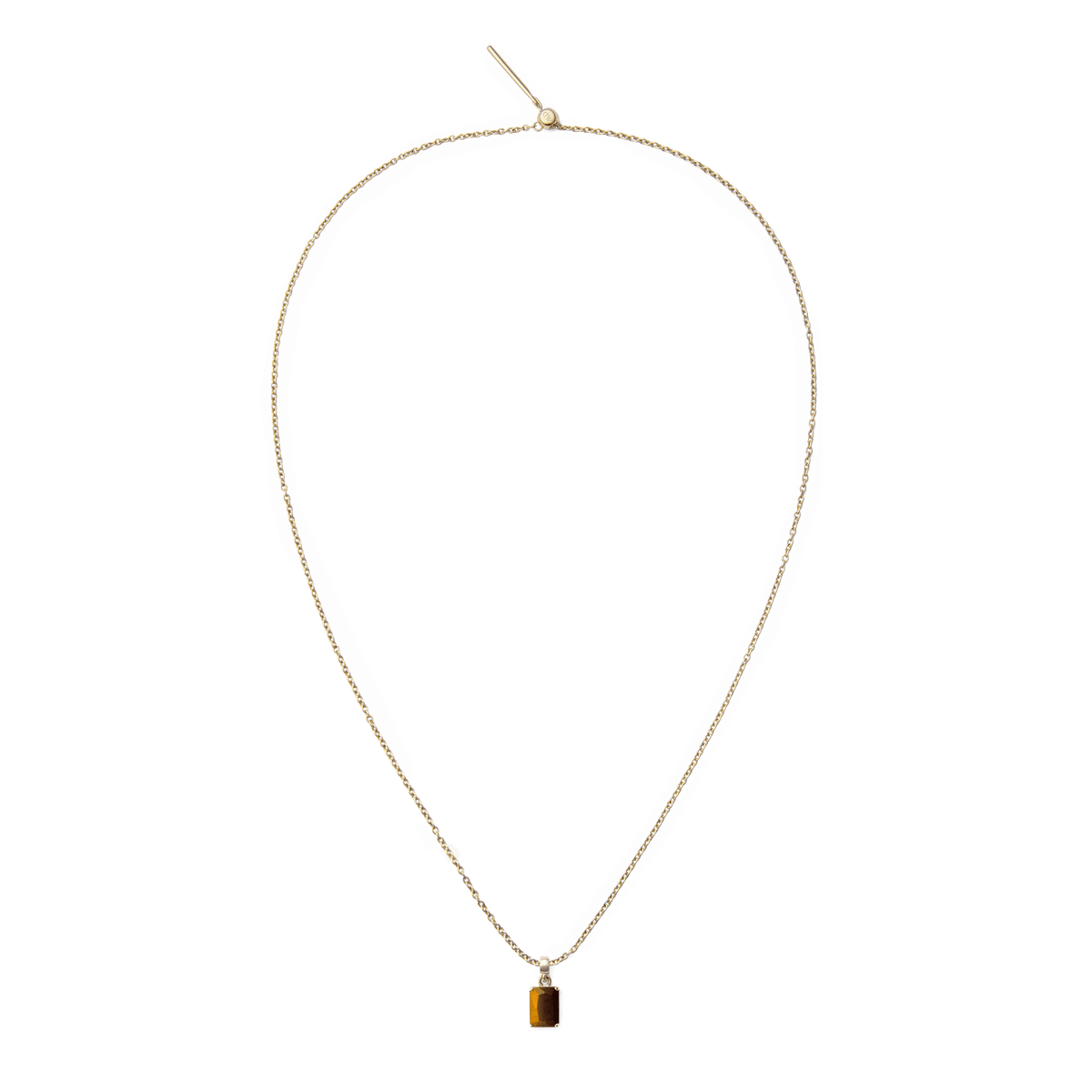 Daniel WellingtonのElementalコレクションに含まれるチャームチェーンネックレスに、Tiger Eye Octagon Goldチャームをセットした全体のイメージです。細身のゴールドチェーンの先端に、タイガーアイの天然石が揺れるシンプルで上品なコーディネート例です。