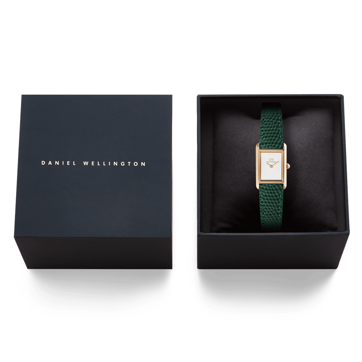 Bound Mini Green Lizard Rose Goldをダークネイビーのブランドロゴ入りギフトボックスに収めた様子です。黒いクッションの上に、グリーンのリザード型押しレザーストラップとローズゴールドケースが映え、贈り物にぴったりの上品なパッケージングとなっています。
