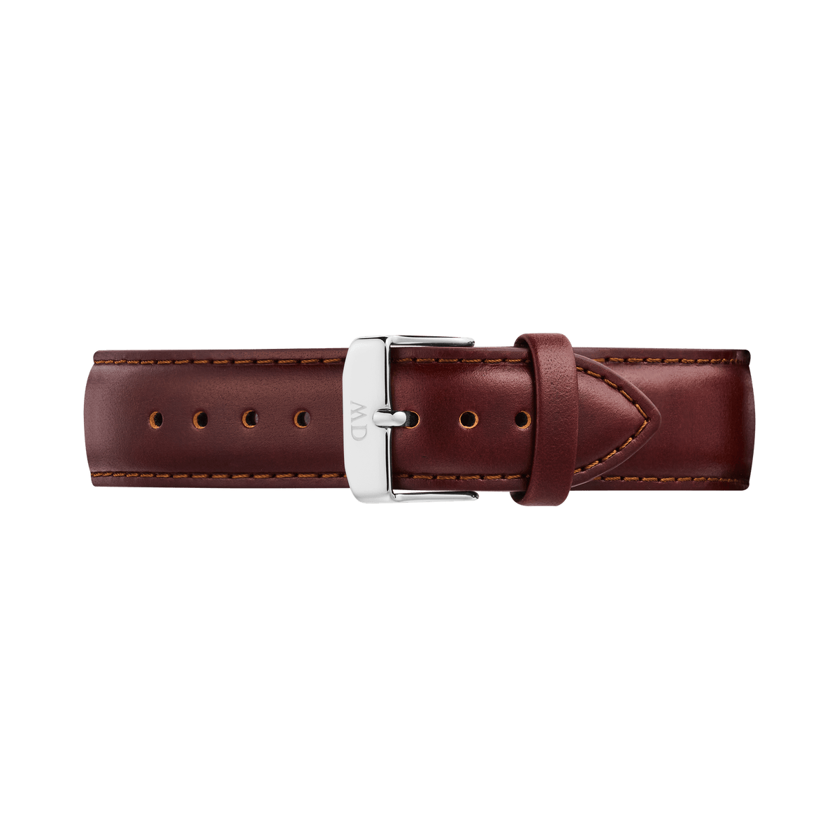 Daniel WellingtonのTapered St Mawesに使用されているレザーストラップの表面全体です。深みのあるブラウンのイタリア製本革に、同系色のステッチが両サイドに施され、シルバーのピンバックルが中央で留められています。