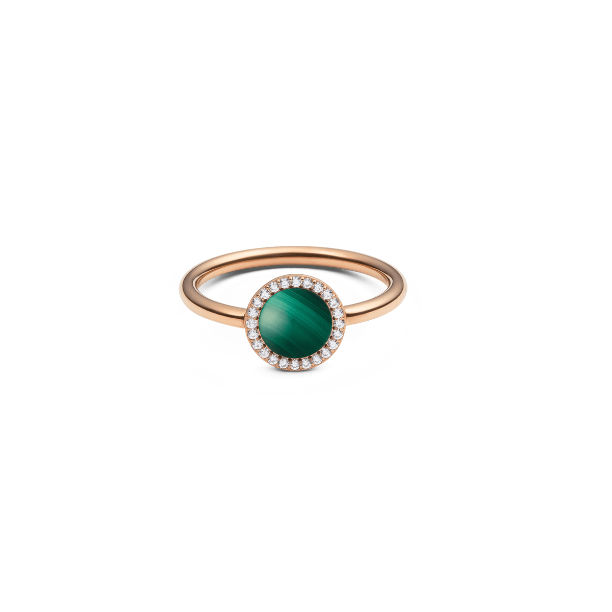ダニエルウェリントン Audrey Ring Malachite Rose Goldの正面画像。ドーム型にカットされた深みのあるグリーンのマラカイトを、ホワイトキュービックジルコニアのヘイローが取り囲み、細身のローズゴールドバンドにセットしたデザインです。