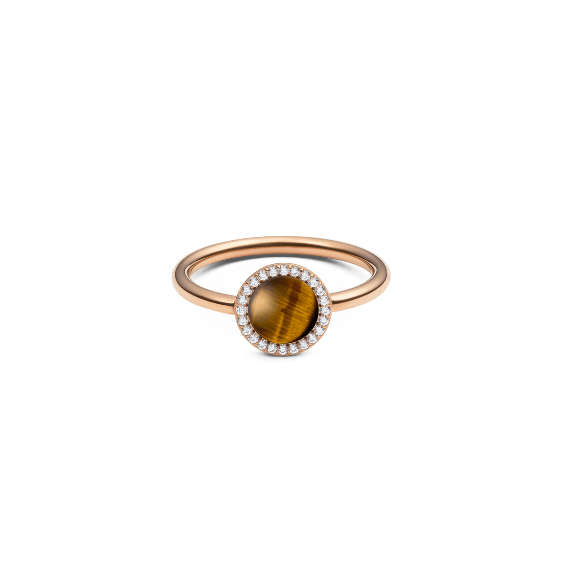 ダニエルウェリントン Audrey Ring Tiger Eye Rose Goldの正面画像。ドーム型のタイガーアイを中央に配置し、ホワイトキュービックジルコニアのヘイローが彩る細身のローズゴールドリングです。