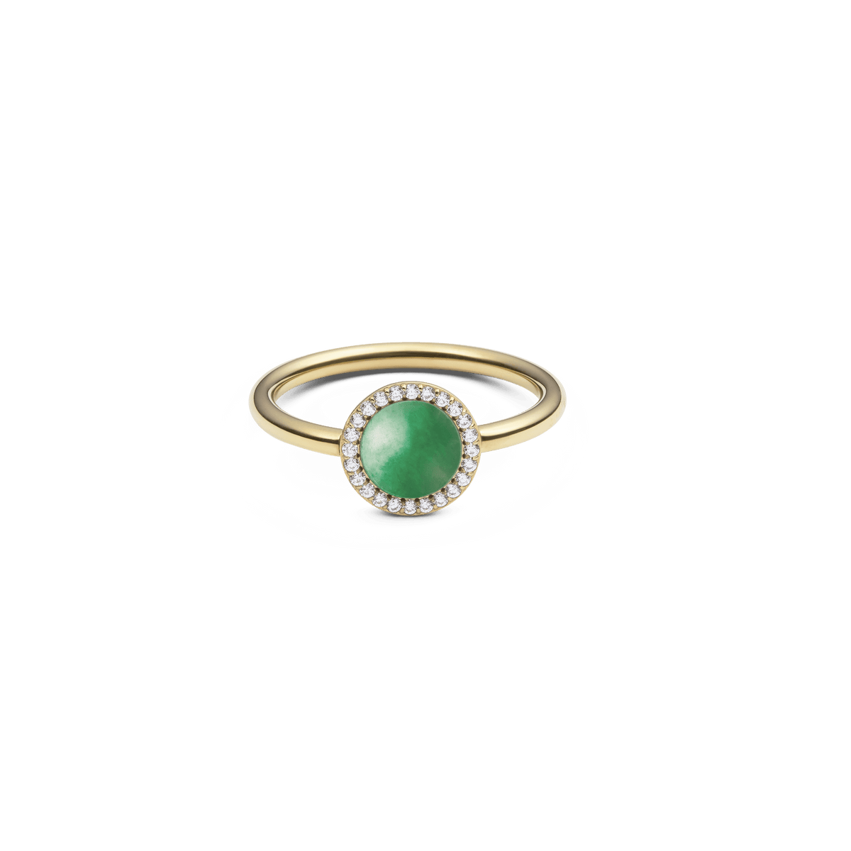 ダニエルウェリントン Audrey Ring Jade Goldの正面プロダクト画像。ドーム型にカットされたグリーンの天然ヒスイを中央に配し、ホワイトキュービックジルコニアのヘイローが石を囲む細身のゴールドリングです。