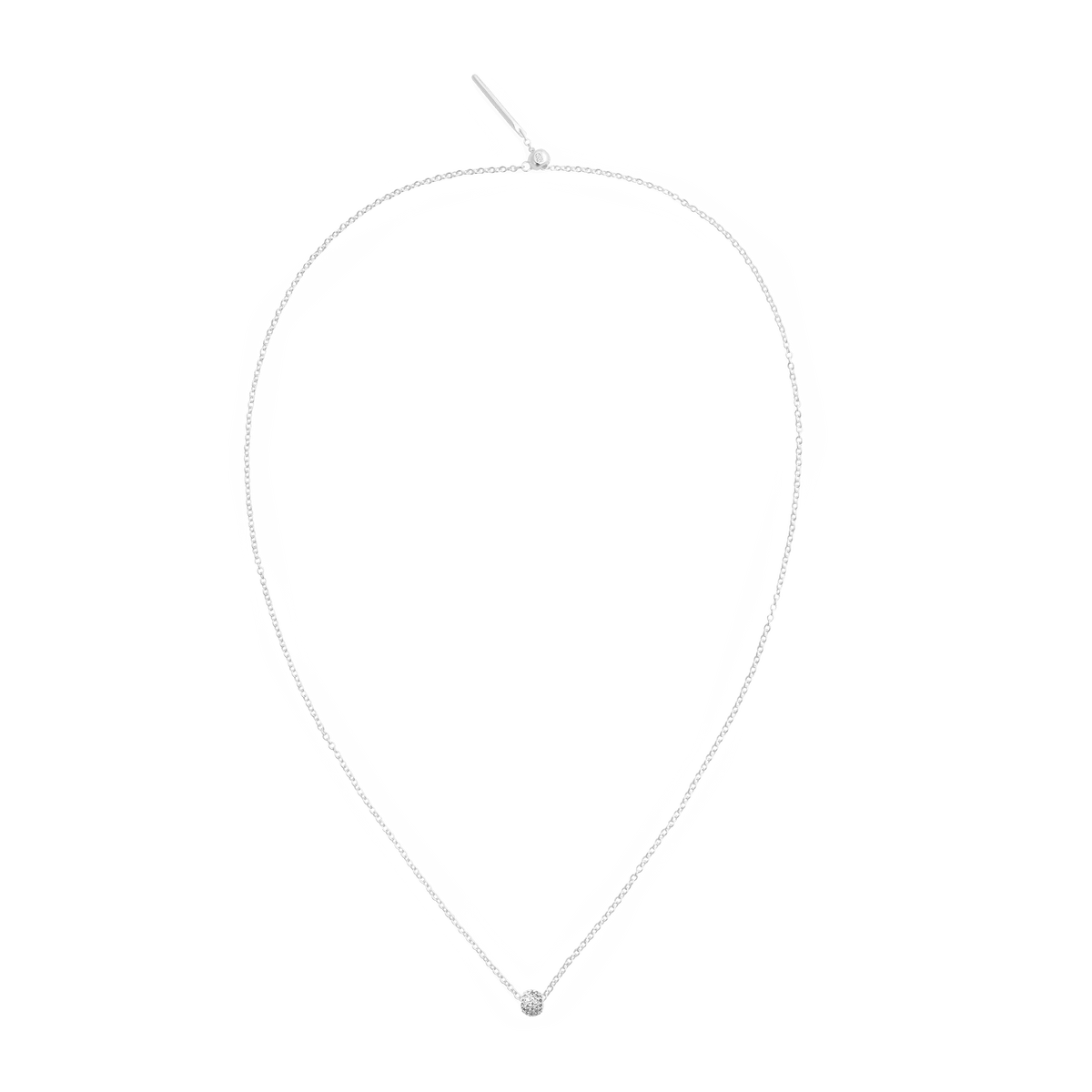 Daniel WellingtonのPavé Orb White Crystalチャームをあしらったチェーンネックレスです。細身のシルバーチェーンにホワイトクリスタルのオーブが一粒輝き、シンプルながら上品な印象に仕上げています。