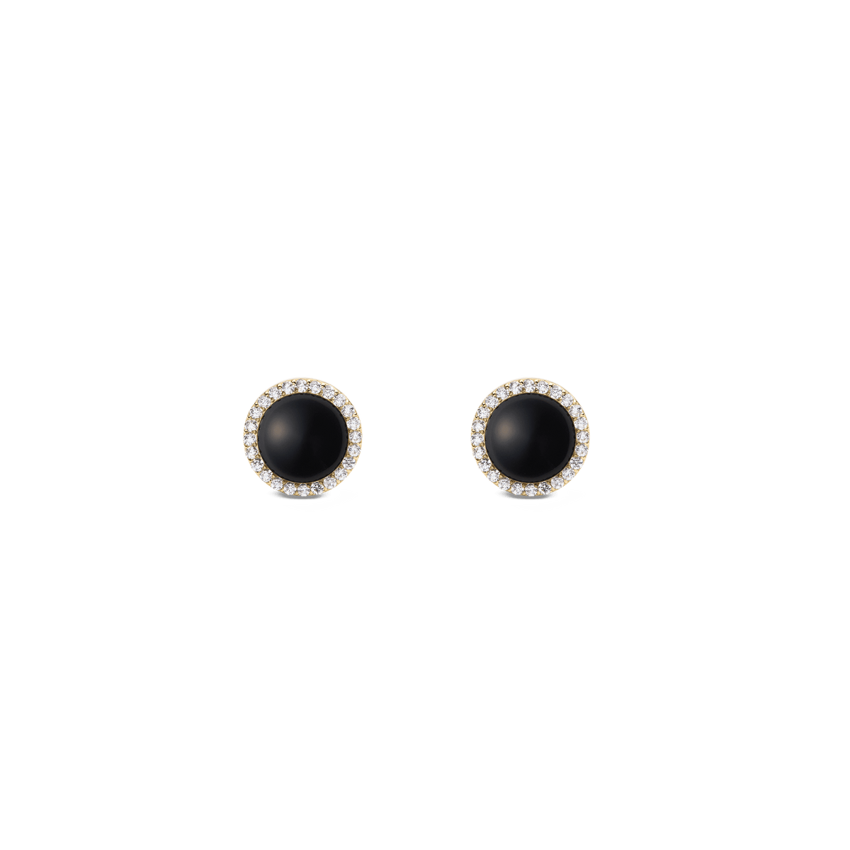 Daniel WellingtonのAudrey Earrings Black Agathe Goldは、ドーム型の黒メノウを中心に、ホワイトキュービックジルコニアのヘイローがゴールドフレームに沿って輝くスタッドピアスです。