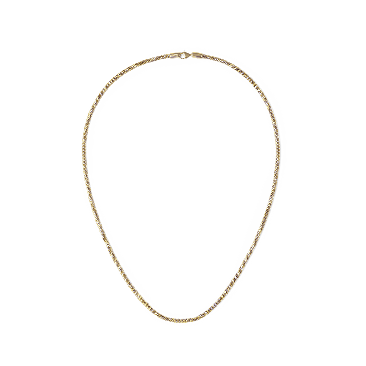 Daniel Wellington Tide Mesh Necklace Gold 2.8の全体像です。2.8mm幅のゴールドメッシュチェーンが緻密に編み込まれ、ロブスタークラスプとともに白背景に配置されています。