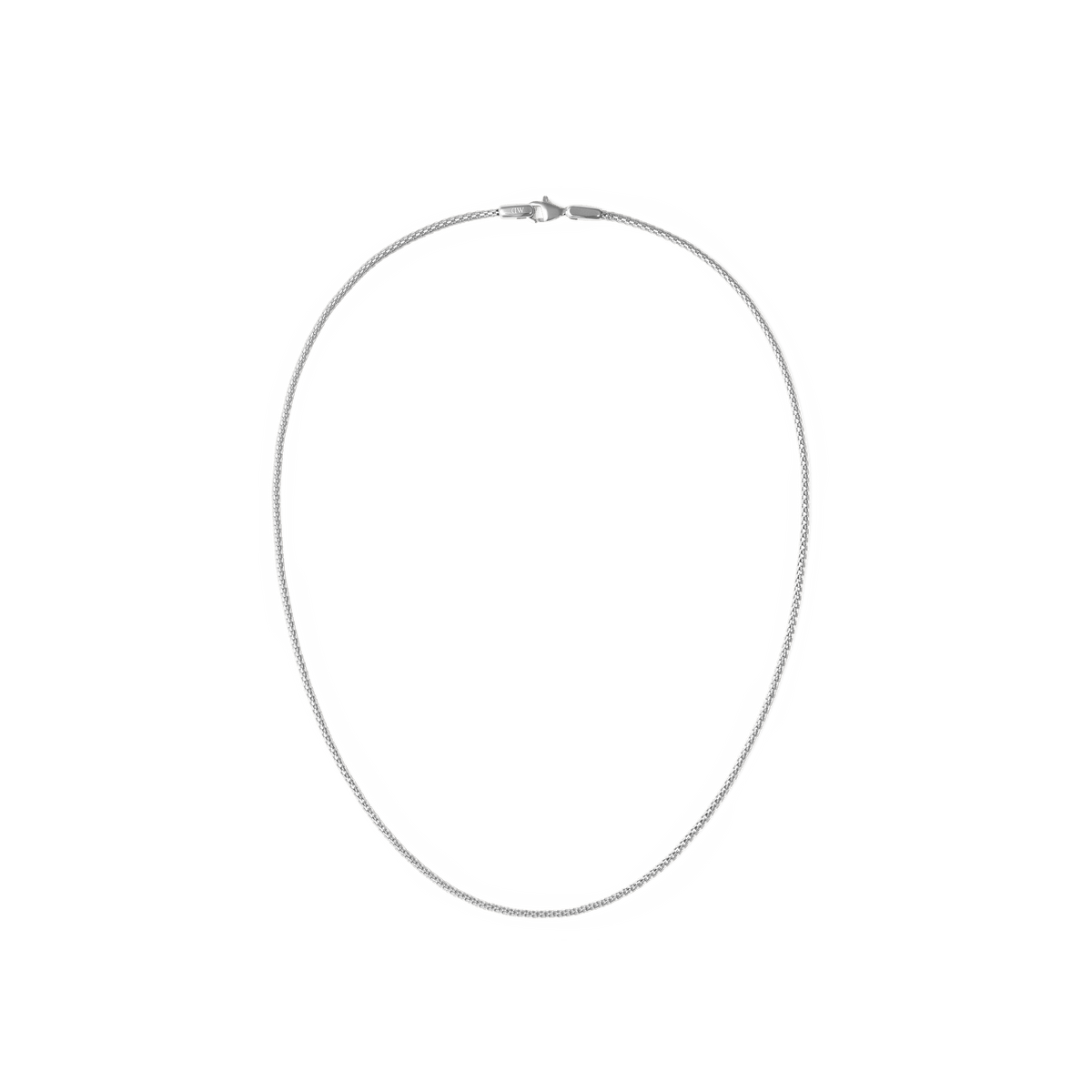 Daniel Wellington Tide Mesh Necklace Silver 1.8の全体像です。1.8mm幅のシルバーメッシュチェーンがロブスタークラスプで留められ、白背景に楕円形に配置されています。