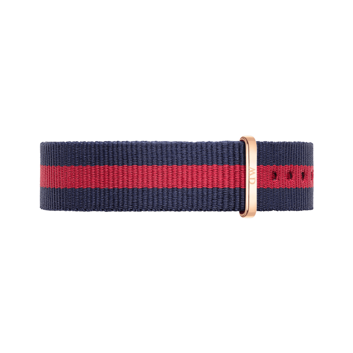 Daniel Wellington Oxford Strap Rose Goldを正面から撮影した全体画像です。ネイビーベースにレッドのセンターストライプが映える織りストラップで、ローズゴールドのキーパーとベルト穴が確認できます。