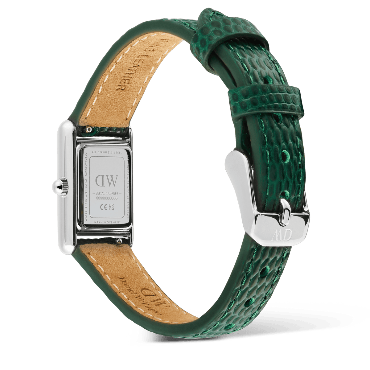 Bound Mini Green Lizard Silverの裏面を写した画像です。シルバーケースの裏蓋にはブランドロゴやシリアルナンバーが刻印されており、グリーンのリザード型押しストラップの内側にはキャメル色のレザーとホワイトステッチが見えます。