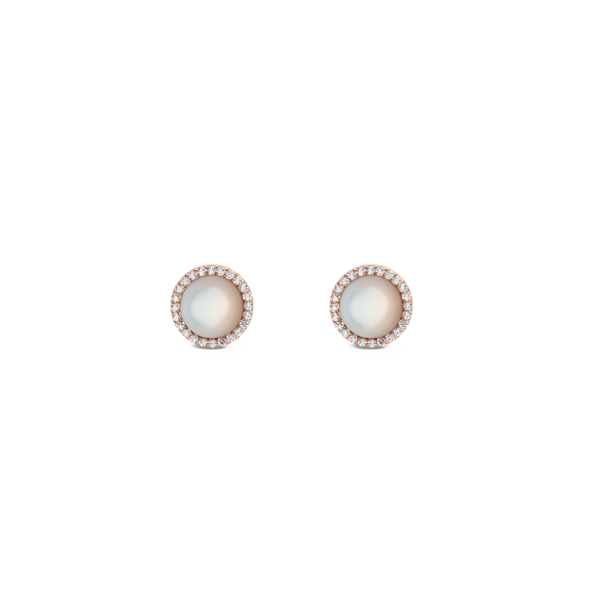 Daniel Wellington Audrey Earrings Mother of Pearl Rose Goldのスタッドピアスです。ドーム型のマザーオブパールを囲むホワイトキュービックジルコニアのハローが、ローズゴールドの台座に映える一粒仕立てです。