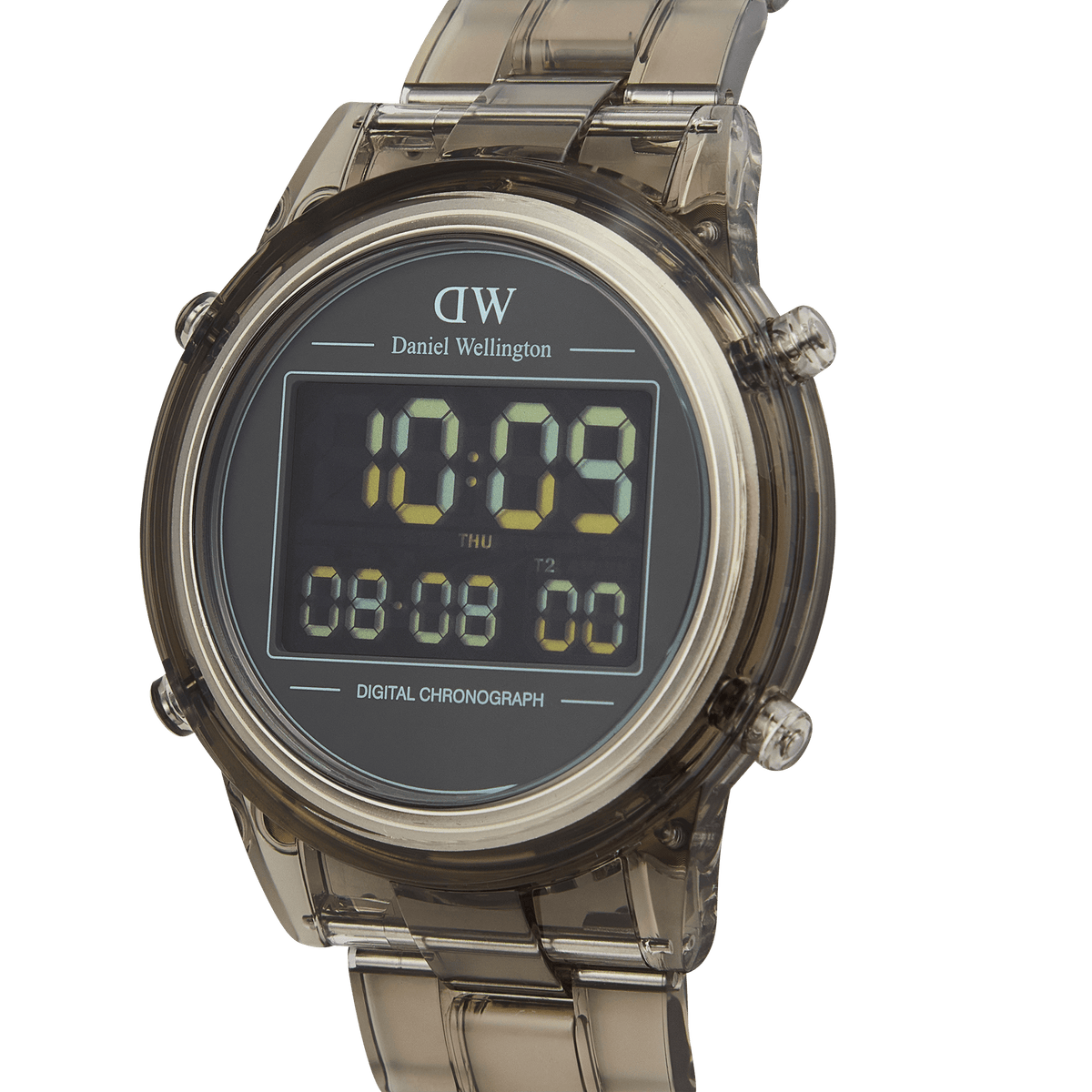 Daniel Wellington Retro Digital Light Greyのクローズアップ画像です。半透明のライトグレーケースとブレスレットの質感がわかりやすく、デュアルタイムや曜日表示機能を備えたデジタルクロノグラフの文字盤が鮮明に捉えられています。