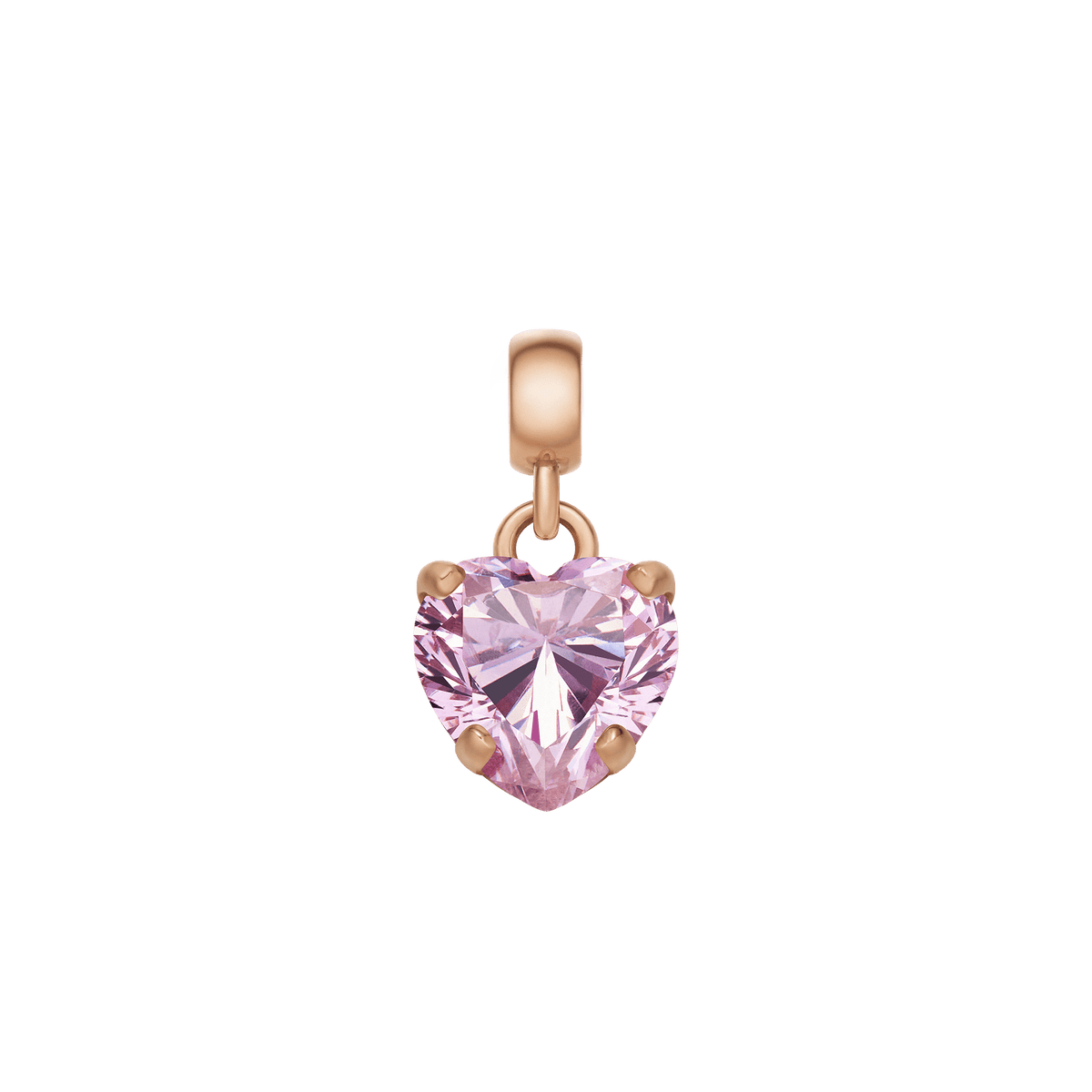 ダニエルウェリントン Heart Pink Crystal Charm。ローズゴールド仕上げの5本爪で、多面カットのピンククリスタルを固定したハート型チャームのアップ画像です。