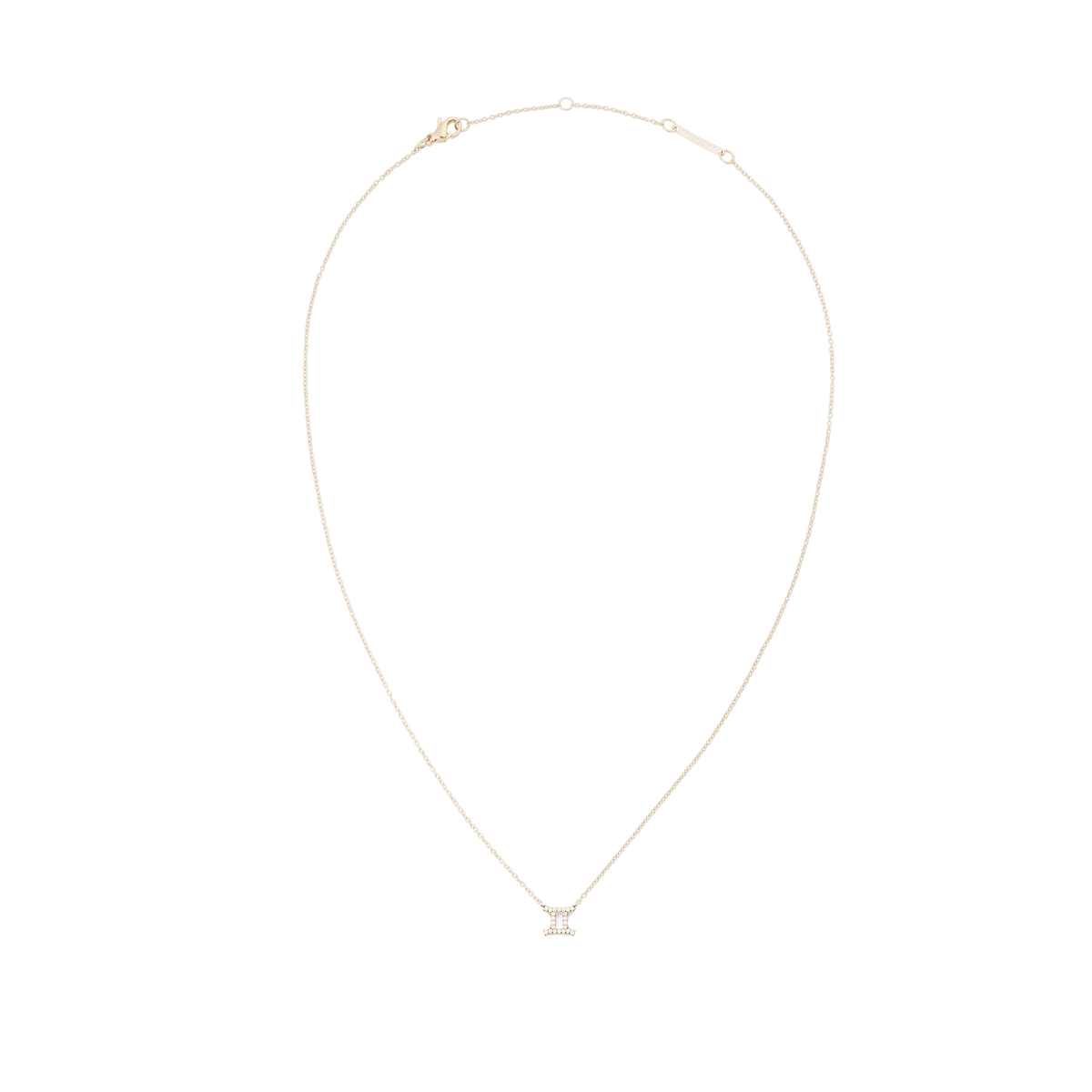 クリスタルをあしらった双子座モチーフのゴールドチェーンネックレス「Crystal Zodiac Chain Necklace Gold」の全体写真です。白い背景に、ゴールドの細いチェーンが優雅な曲線を描き、下部には双子座を象ったクリスタルのペンダントが輝いています。上部にはロブスタークラスプとアジャスターが付いているのが確認できます。
