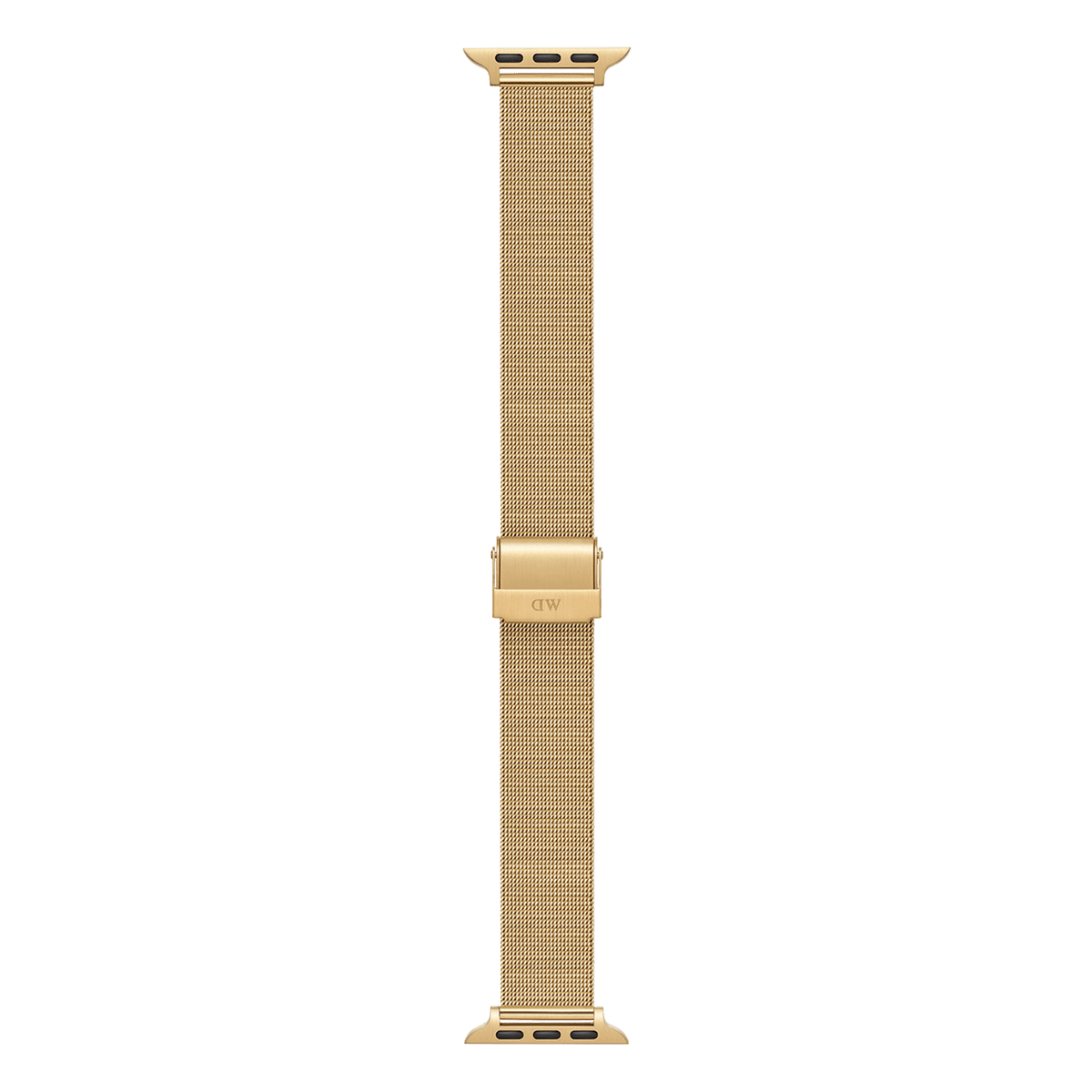 Daniel Wellington Smartwatch Strap Mesh Goldを伸ばした状態で撮影した画像です。Apple Watch用のゴールドカラーのメッシュストラップが縦に配置されており、上下のラグ部分や中央のロゴ入りバックルのディテール、均一に織り上げられたメッシュの全体像が確認できます。