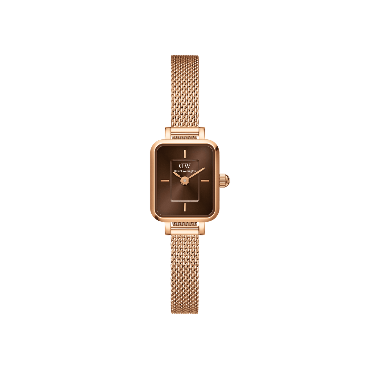 Daniel Wellington Quadro Mini Melrose Amberの正面画像。ローズゴールドのスクエアケースにアンバーのサンレイ文字盤、ローズゴールドのメッシュストラップを合わせたコンパクトな女性用腕時計です。