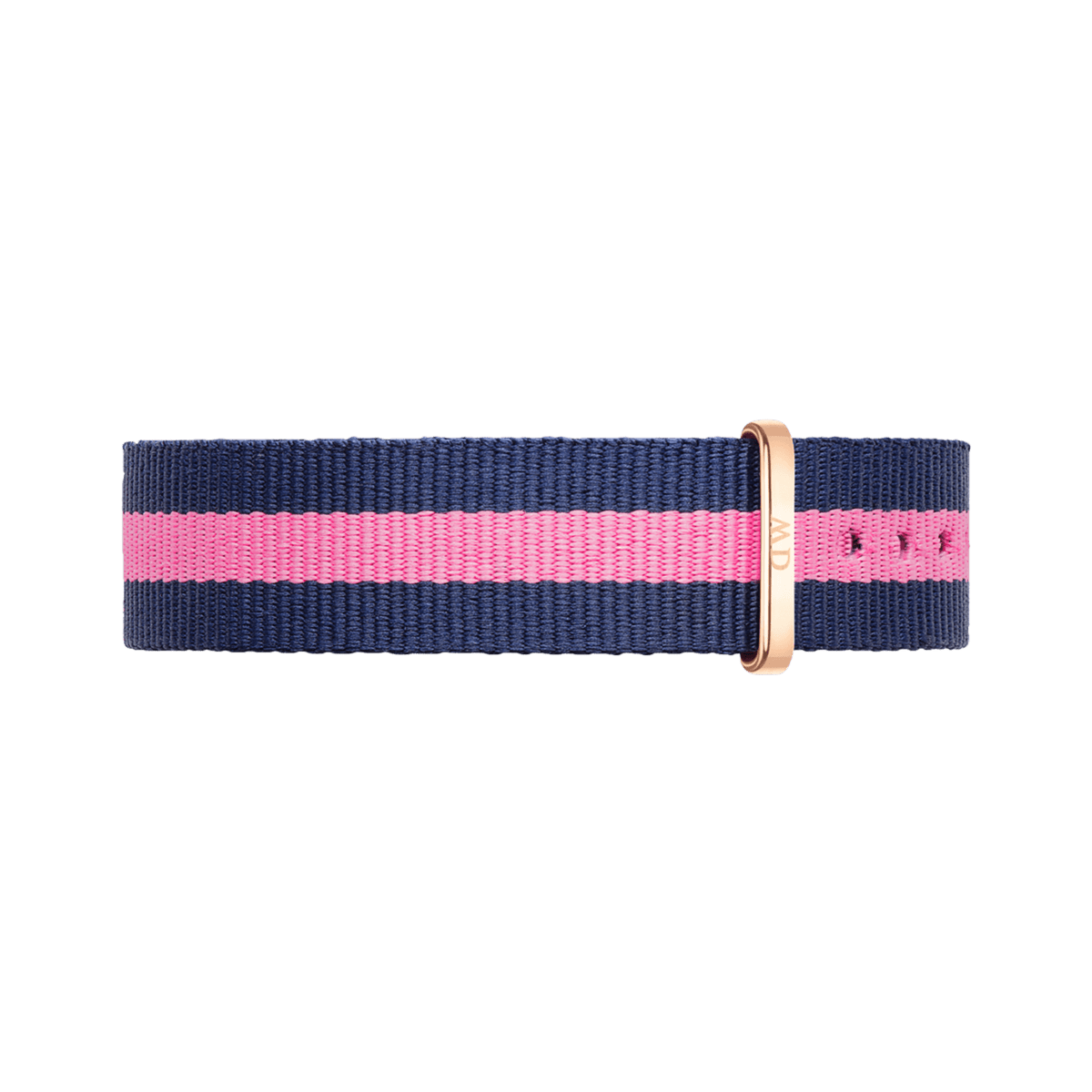 Winchester Strap Rose Goldのクローズアップ画像です。ネイビーとピンクのストライプが特徴的な織り地のNATOストラップで、ローズゴールドのループ金具にはDaniel Wellingtonのロゴが刻印されています。