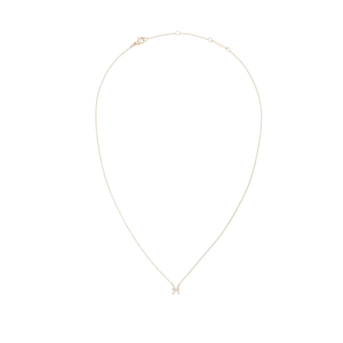 白背景で撮影した魚座モチーフのCrystal Zodiac Chain Necklace Goldの全体写真です。繊細なゴールドチェーンが滑らかなループを描き、下部にはクリスタルの魚座ペンダントがあしらわれています。上部にはロブスタークラスプとアジャスターリングが付いています。