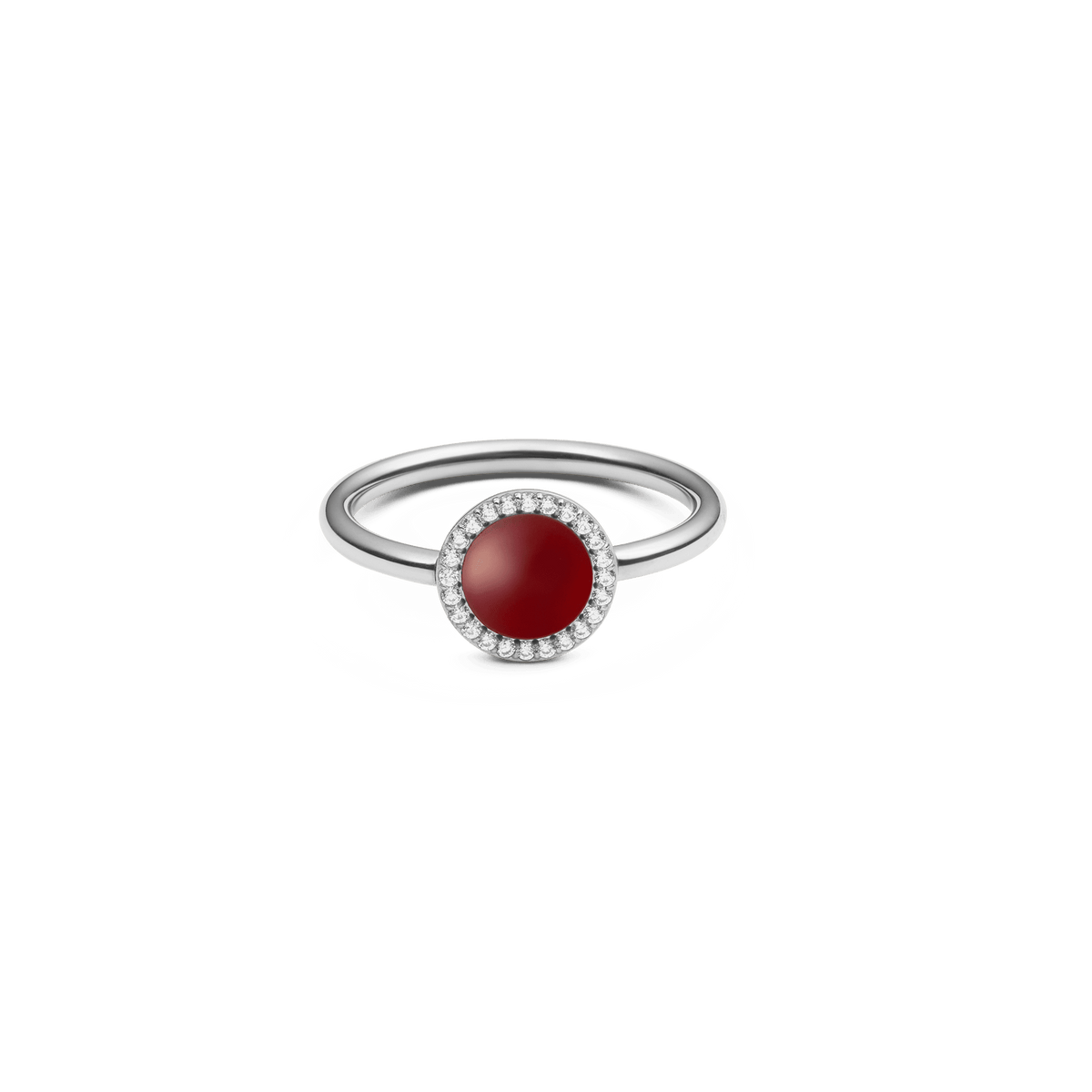 ダニエルウェリントン Audrey Ring Red Agathe Silverの正面プロダクトショット。ドーム型にカットされた深みのある赤メノウを中央にセットし、ホワイトキュービックジルコニアのハローが淡い輝きを添える細身のシルバーリングです。