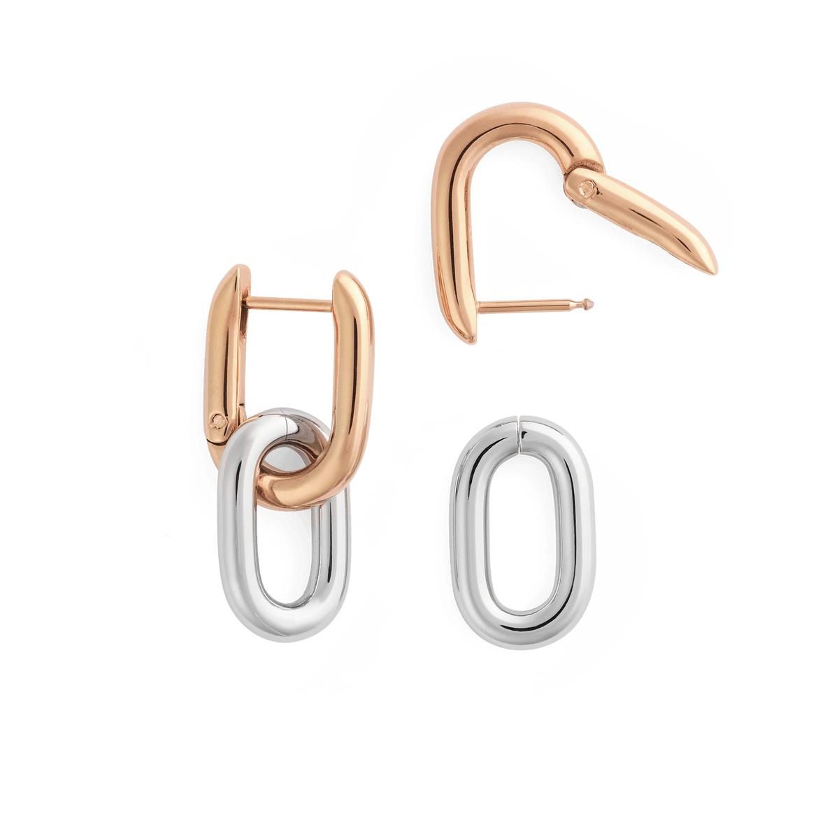 ローズゴールドのトップリンクとシルバーの下部リンクが取り外せる構造のContrast Link Earrings Two Tone Rose Gold。分解イメージでは、インビジブルロックのピンポスト部分が確認できます。