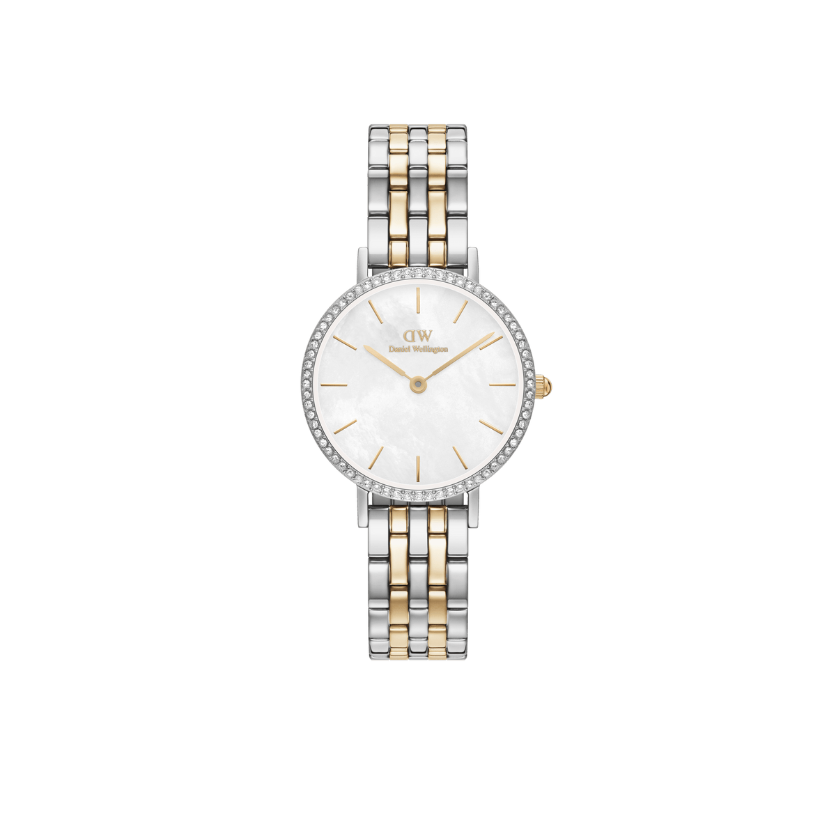 Daniel Wellington Petite Lumine Bezel 5-Link Two-Toneの正面画像。クリスタルベゼルに囲まれたホワイトマザーオブパールの文字盤が印象的で、ゴールドのバーインデックスと針、シルバーとゴールドのツートーン5リンクブレスレットをあしらった女性向け腕時計です。