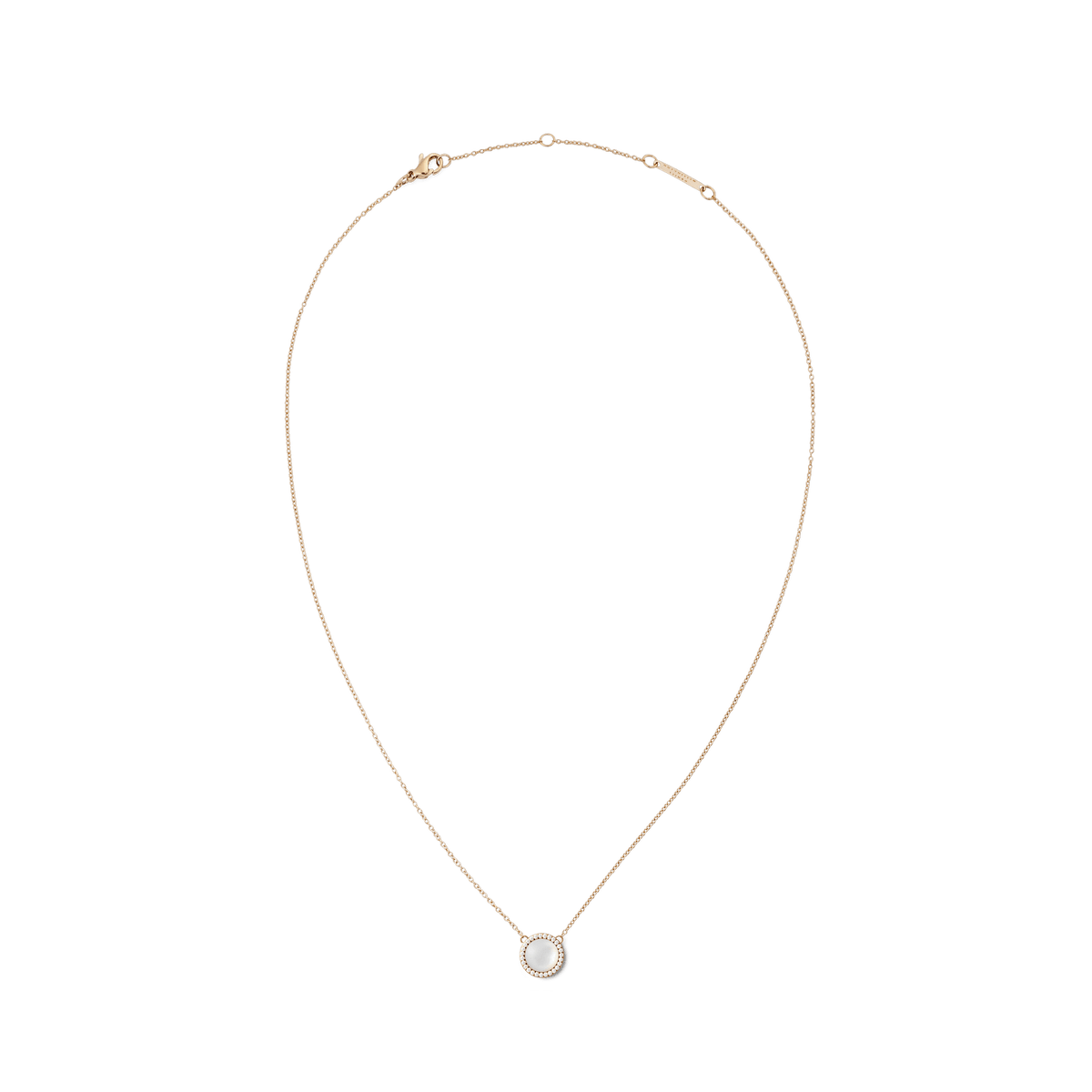 ダニエルウェリントン Audrey Necklace Mother of Pearl Rose Goldの全体像。細身のローズゴールドチェーンの中央に、キュービックジルコニアのヘイローで縁取られたマザーオブパールの丸いペンダントが配置され、ロブスタークラスプとブランドロゴプレートが確認できます。