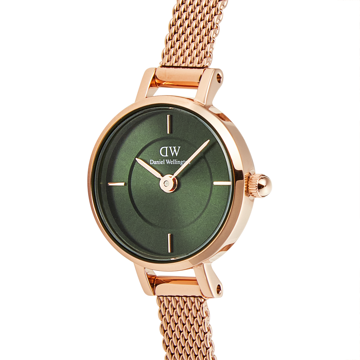 Petite Mini Emerald Melroseのダイヤルを正面からクローズアップした画像です。エメラルドグリーンのサンレイダイヤルにローズゴールドのインデックスと針が映え、インナーサークルリングの陰影やリューズの細部まで確認できます。