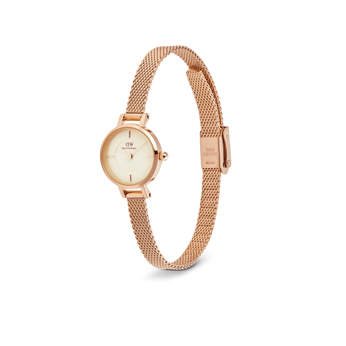 Petite Mini Champagne Melroseを斜めから捉えた画像です。ローズゴールドのメッシュストラップに施された細やかな編み目やクラスプのディテール、そしてシャンパンカラーのダイヤルに映える上品な光沢がご覧いただけます。