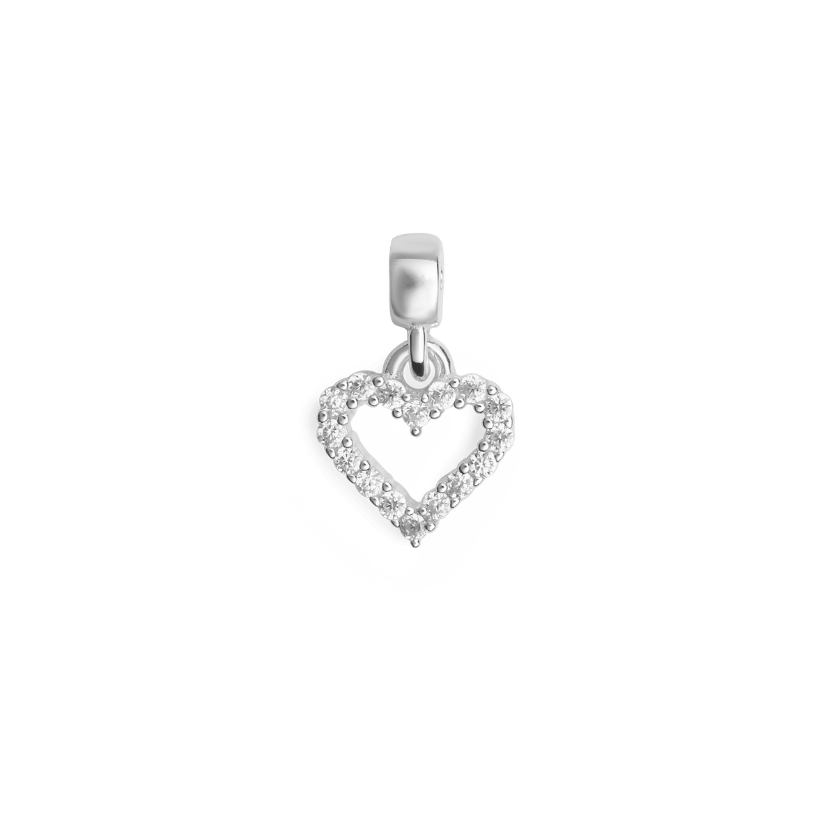 ダニエルウェリントン Heart Contour White Crystal Charmの正面画像。シルバーのオープンハートシルエットに沿って、ホワイトキュービックジルコニアが爪留めされたコンパクトなチャームです。
