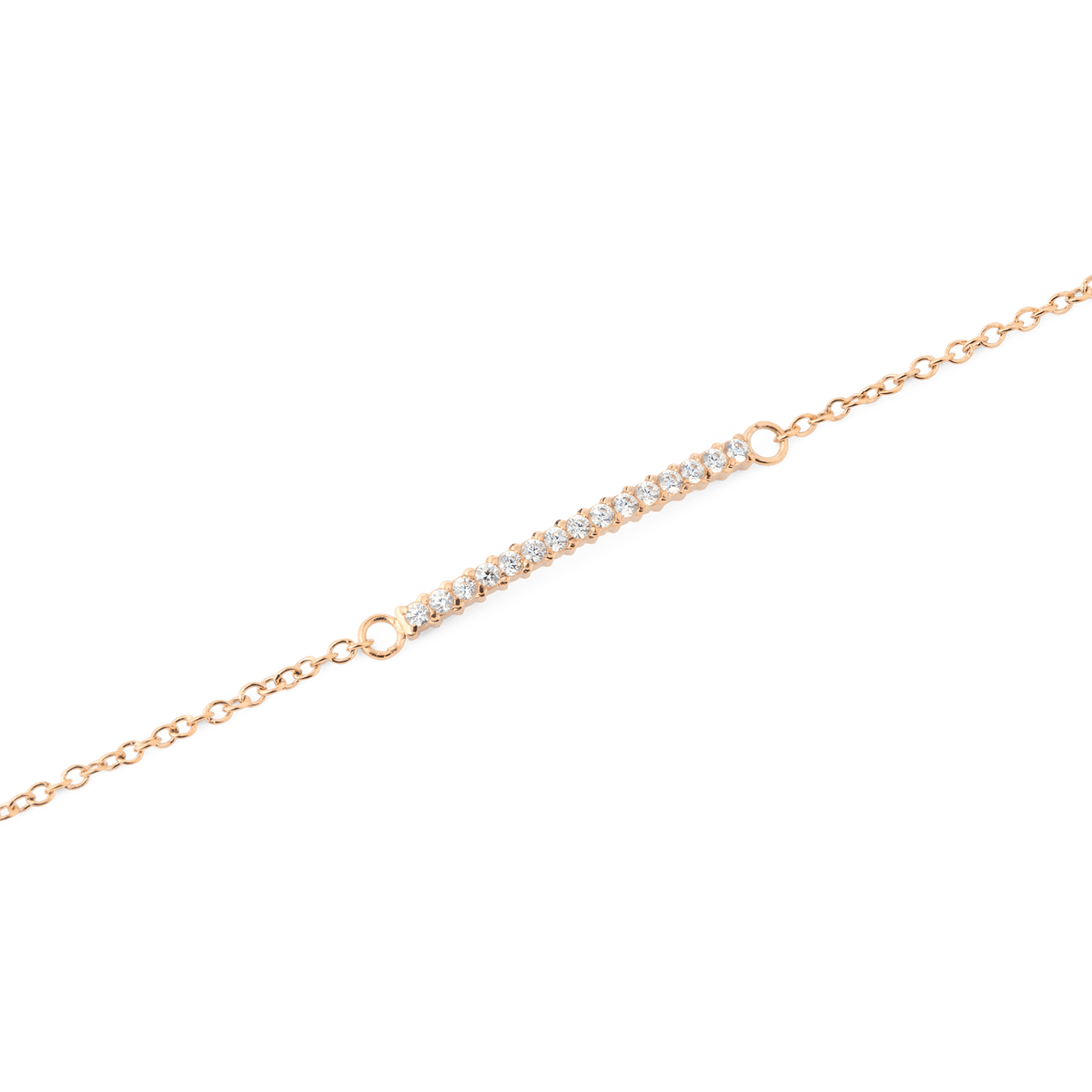 Mirelle Eternity Bracelet Rose Goldのバー部分をクローズアップした画像です。爪留めで一列に並んだホワイトキュービックジルコニアの繊細な輝きと、ローズゴールドの細やかなチェーンリンクが美しく映えています。