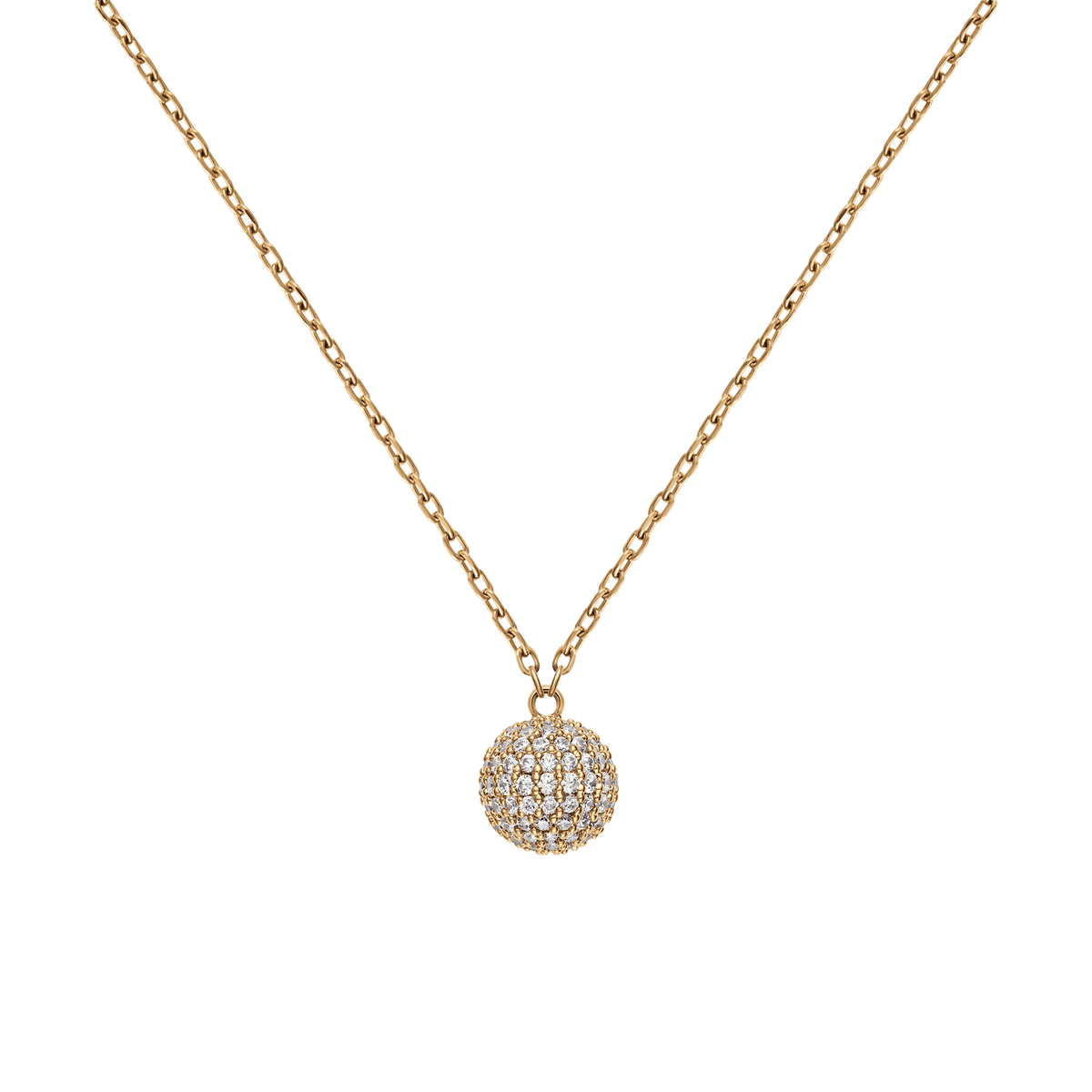 CZクリスタルを全面にパヴェセッティングした球体のペンダントを正面からクローズアップしたPavé Crystal Pendant Necklace Goldの商品画像です。ゴールドの細いチェーンとペンダントの煌めきが白い背景に映えています。