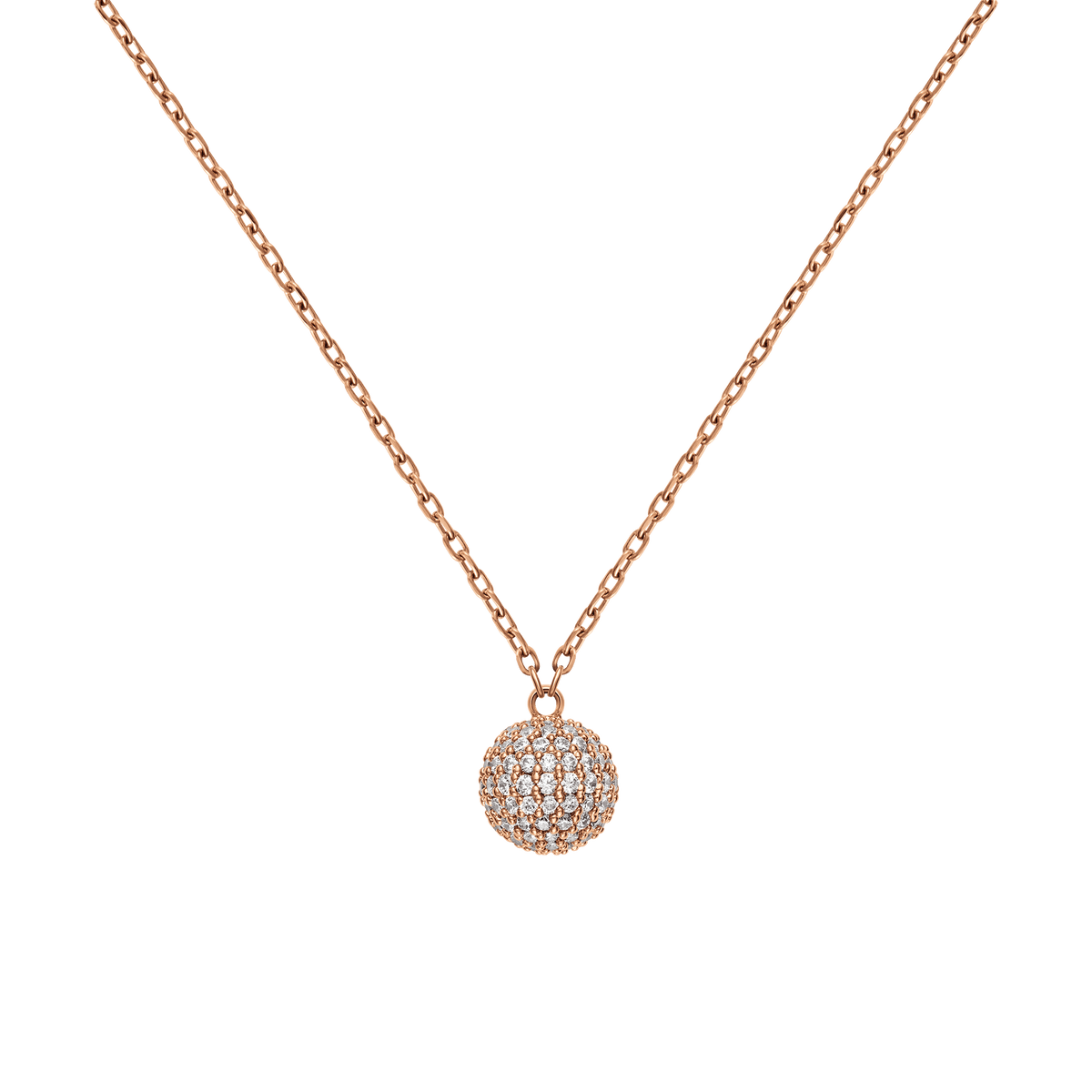 ダニエルウェリントンのPavé Crystal Pendant Necklace Rose Goldの正面画像です。CZクリスタルを隙間なくあしらった球体のペンダントと、細身のローズゴールドチェーンが白い背景に美しく映えています。