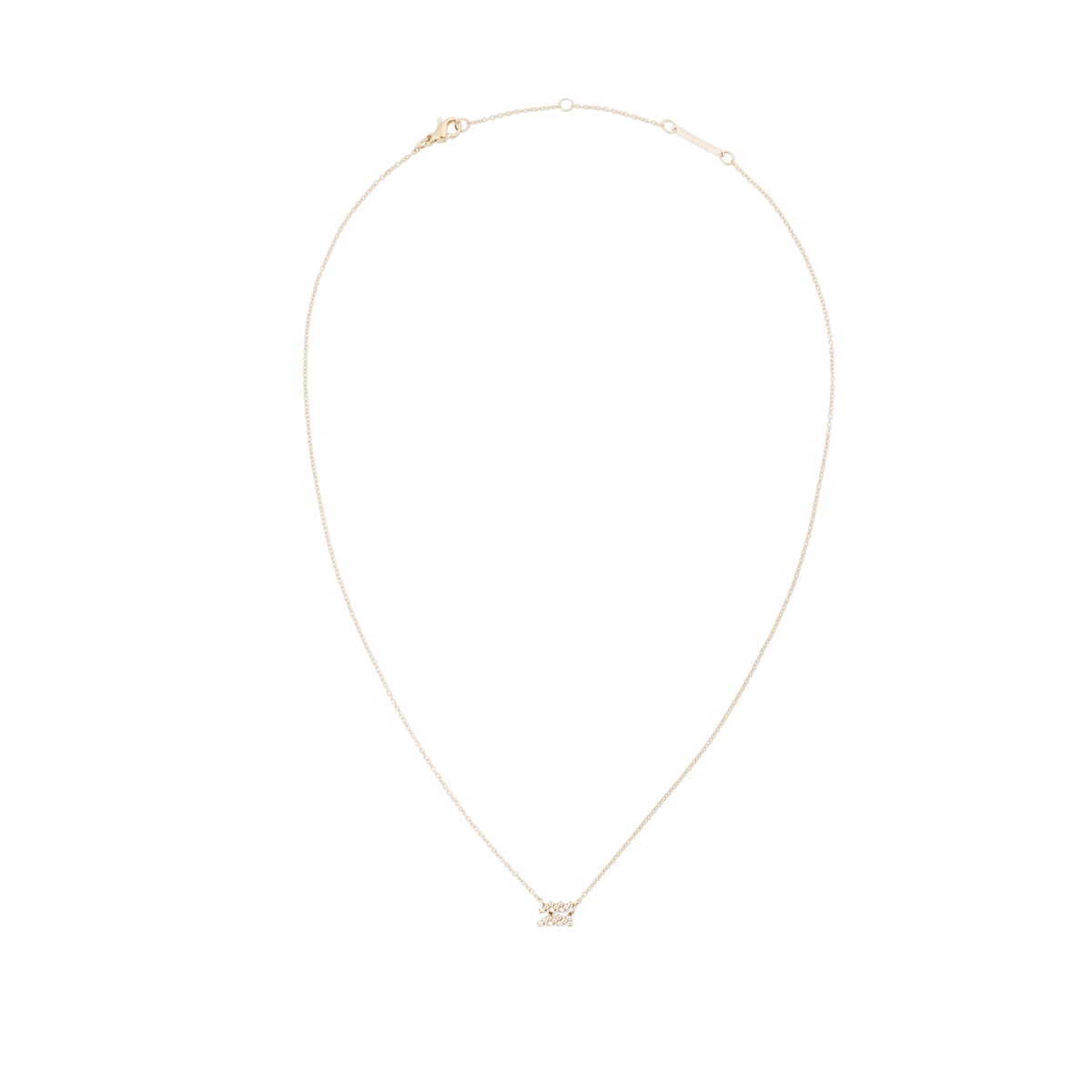 双子座モチーフのCrystal Zodiac Chain Necklace Goldを吊り下げて撮影した全体の画像です。細身のゴールドチェーンが自然なドレープを描き、クリスタルをあしらった小ぶりなペンダントトップやアジャスターリング、ロブスタークラスプの位置関係が分かります。