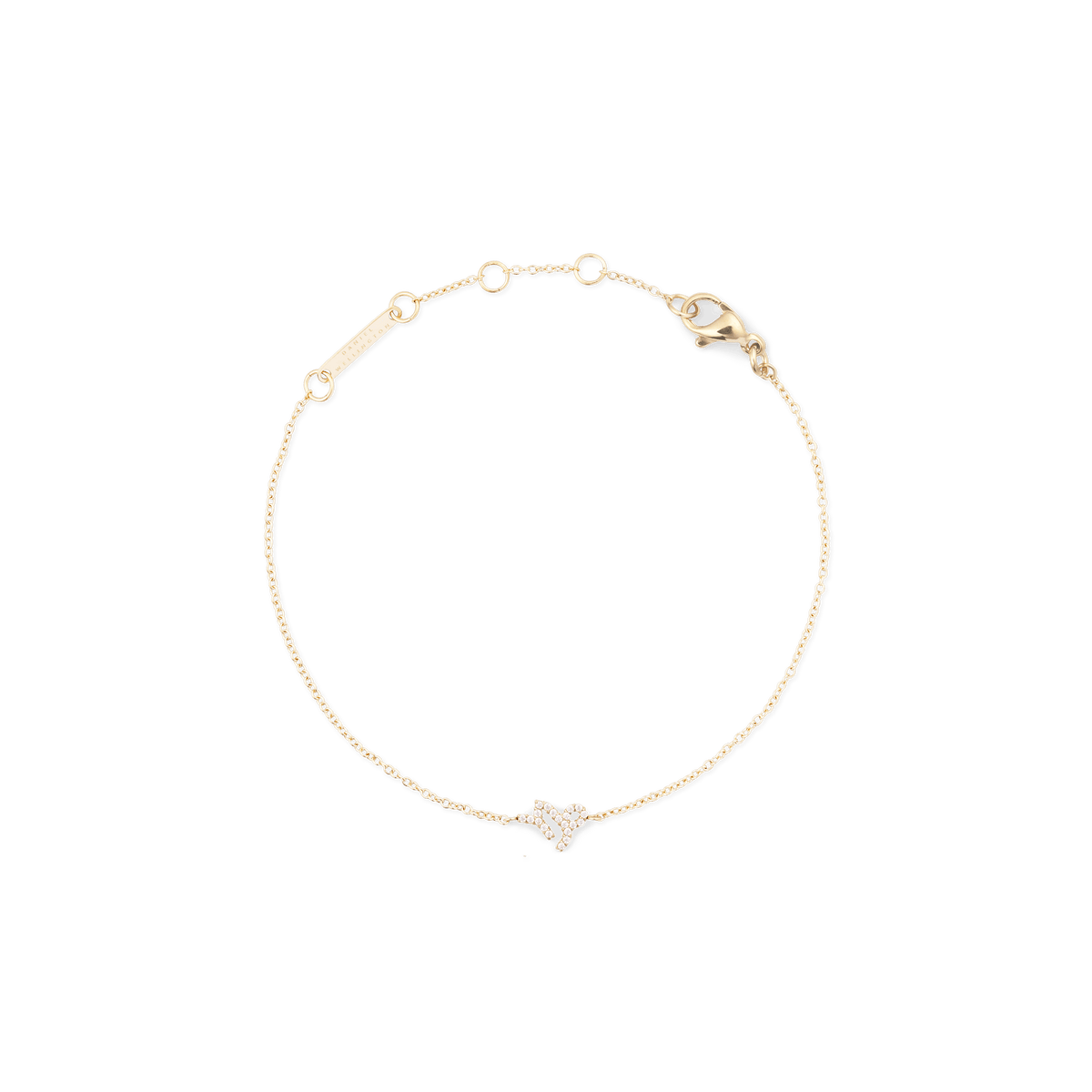 白い背景にCrystal Zodiac Chain Bracelet Goldを円形に広げた商品画像です。繊細なゴールドチェーンの中央には、クリスタルをあしらった牡羊座モチーフのペンダントが配置されており、アジャスターリングとロブスタークラスプのディテールも確認できます。