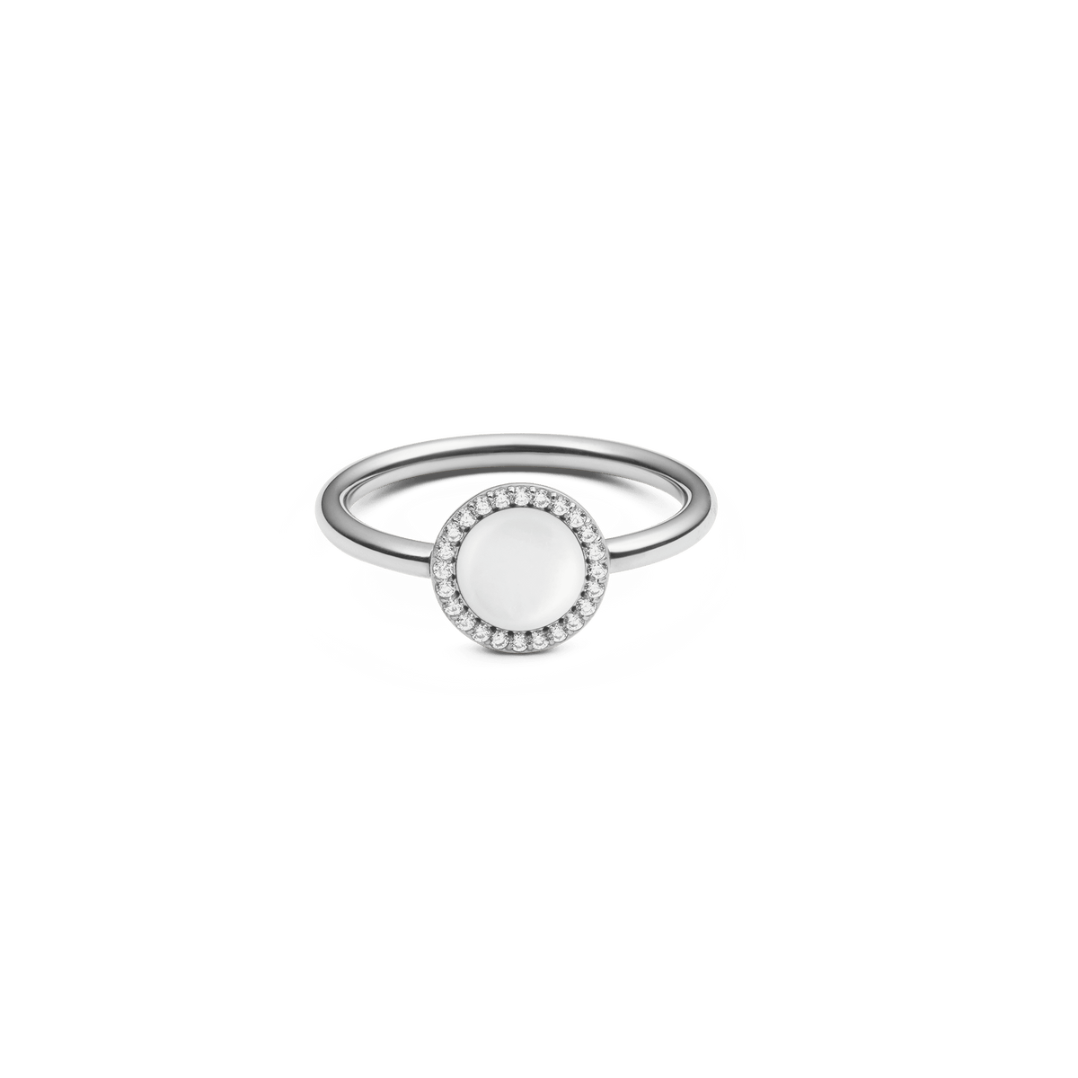 ダニエルウェリントン Audrey Ring Mother of Pearl Silverの正面画像。ドーム型のマザーオブパールを中央に配し、ホワイトキュービックジルコニアのヘイロー(光輪)セッティングが細身のシルバーリングを彩ります。