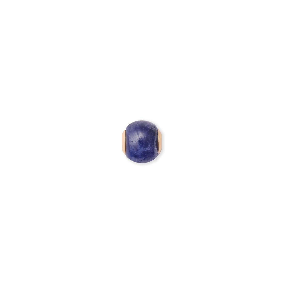 ダニエルウェリントンのBlue Spot Orb ローズゴールドチャームの正面画像です。深みのある藍色のブルースポット天然石を、丸みを帯びたオーブ型に仕上げ、両端にローズゴールドの金具をあしらったデザインです。