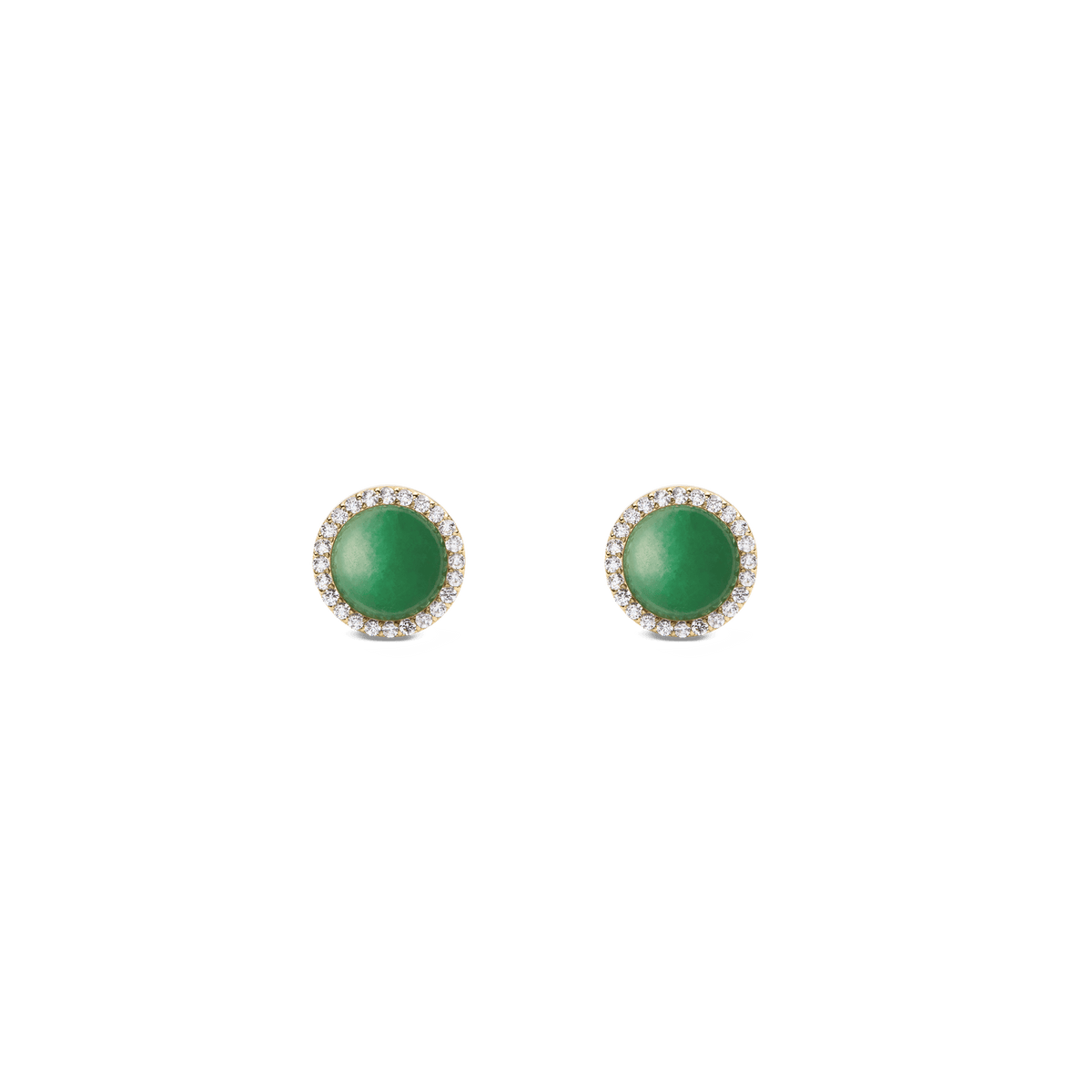 Daniel WellingtonのAudrey Earrings Jade Goldは、ドーム型の翡翠をゴールドフレームで包み込み、周囲にホワイトキュービックジルコニアのヘイローをあしらった8mmのスタッドピアスです。
