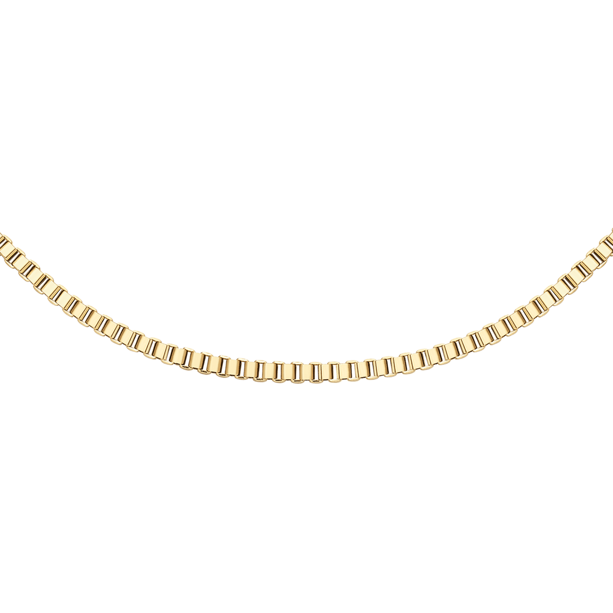 Daniel Wellington Box Chain Necklaceのチェーン部分をクローズアップ。四角いコマが規則的に連なるゴールドのボックスチェーンが、光を受けて繊細に輝いています。
