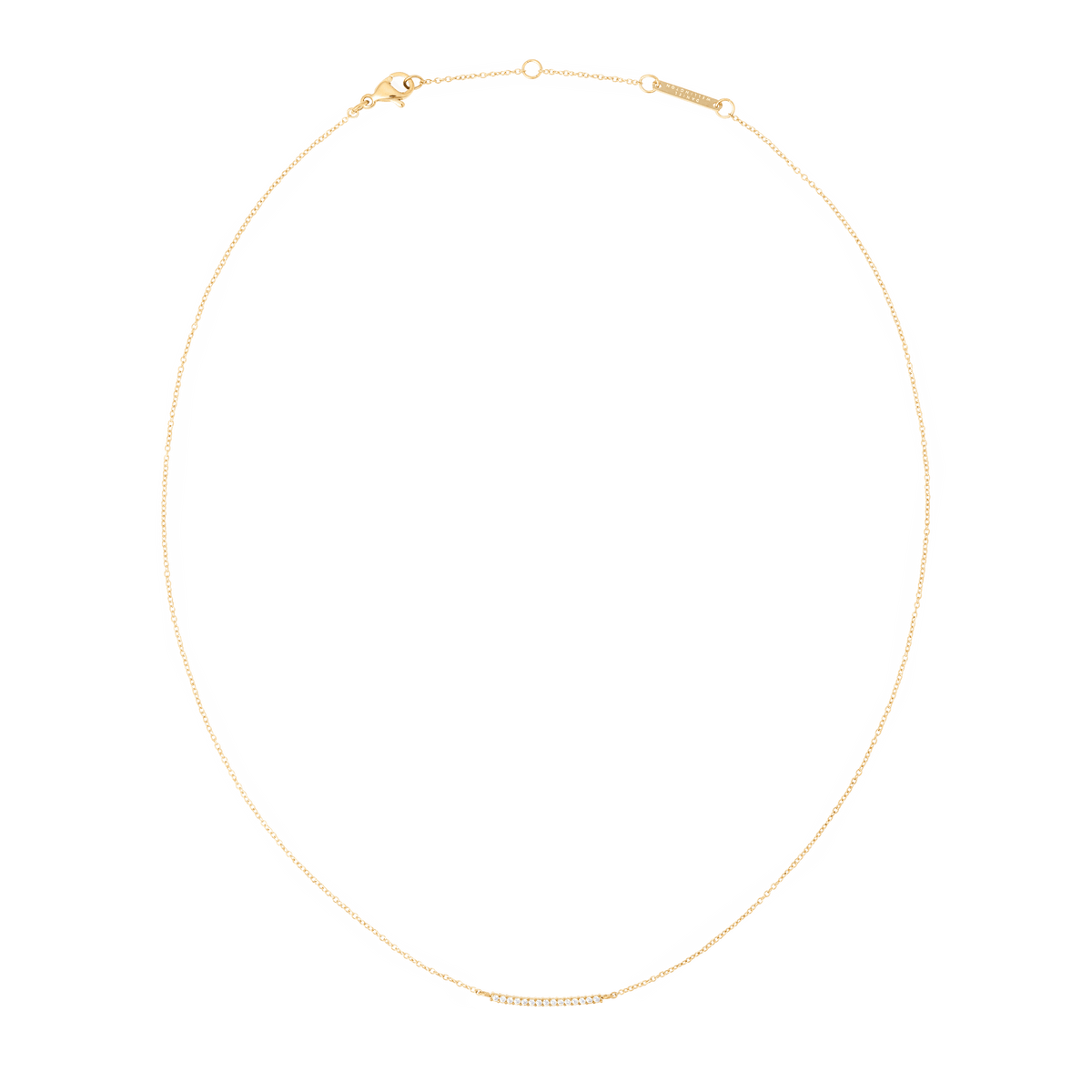 ダニエルウェリントン Mirelle Eternity Necklace Goldの全体像です。極細のゴールドチェーンの中央に、ホワイトキュービックジルコニアをあしらったバーが配されています。ロブスタークラスプとブランドロゴプレートも確認できます。