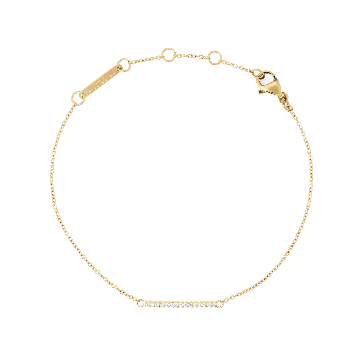ダニエルウェリントン Mirelle Eternity Bracelet Goldの単体写真です。細いゴールドチェーンの中央に、ホワイトキュービックジルコニアを一列にあしらったエタニティバーを配し、ロブスタークラスプとアジャスターリングも確認できます。