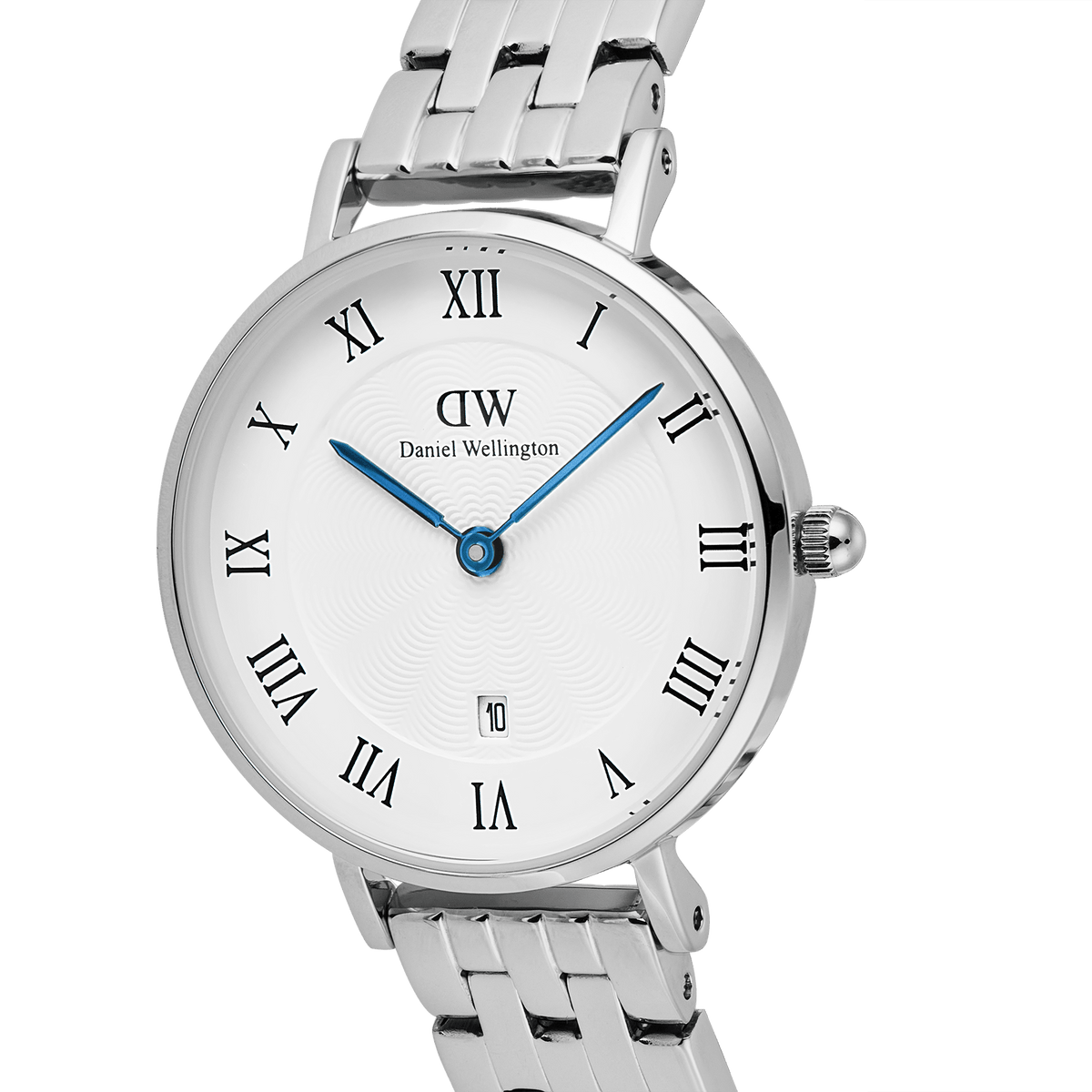 Petite Roman Numerals Date 5-Link Silverのダイヤルとケースを拡大したクローズアップ画像です。ホワイト文字盤に広がるギョーシェ模様の繊細な質感や、IPブルーの時分針の輝き、ローマ数字インデックスの端正な配置が確認できます。また、リューズや5リンクブレスレットの接続部分に施されたポリッシュ仕上げも鮮明に捉えられています。