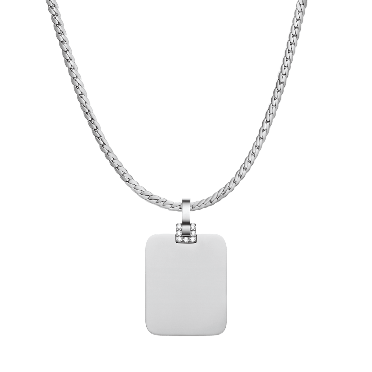 ダニエルウェリントン Rectangular Detail Crystal Pendant Sの全体像。シルバーカラーの喜平チェーンに、クリスタルをあしらったベイルとフラットなスクエアプレートが吊り下がる、ミニマルなデザインのネックレスです。