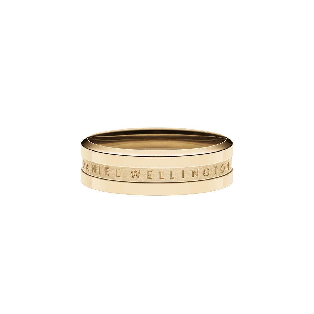 ダニエルウェリントン Elan Ring Goldを正面から捉えた製品写真です。白い背景にゴールドカラーのリングが置かれ、上下のポリッシュ加工と中央のサテン仕上げの質感の違いが光を受けて美しく輝いています。